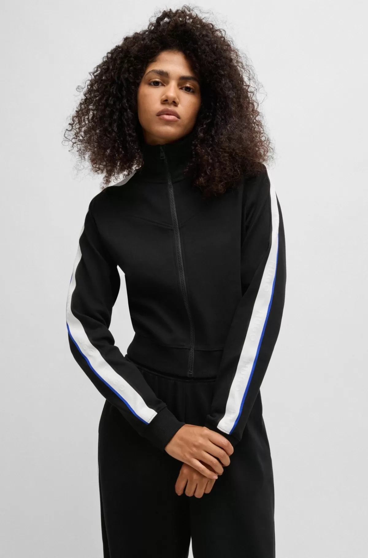 HUGO BOSS Sweatshirt Med Lynlås I Bomuld Med Stræk Og Logobånd Sort Cheap
