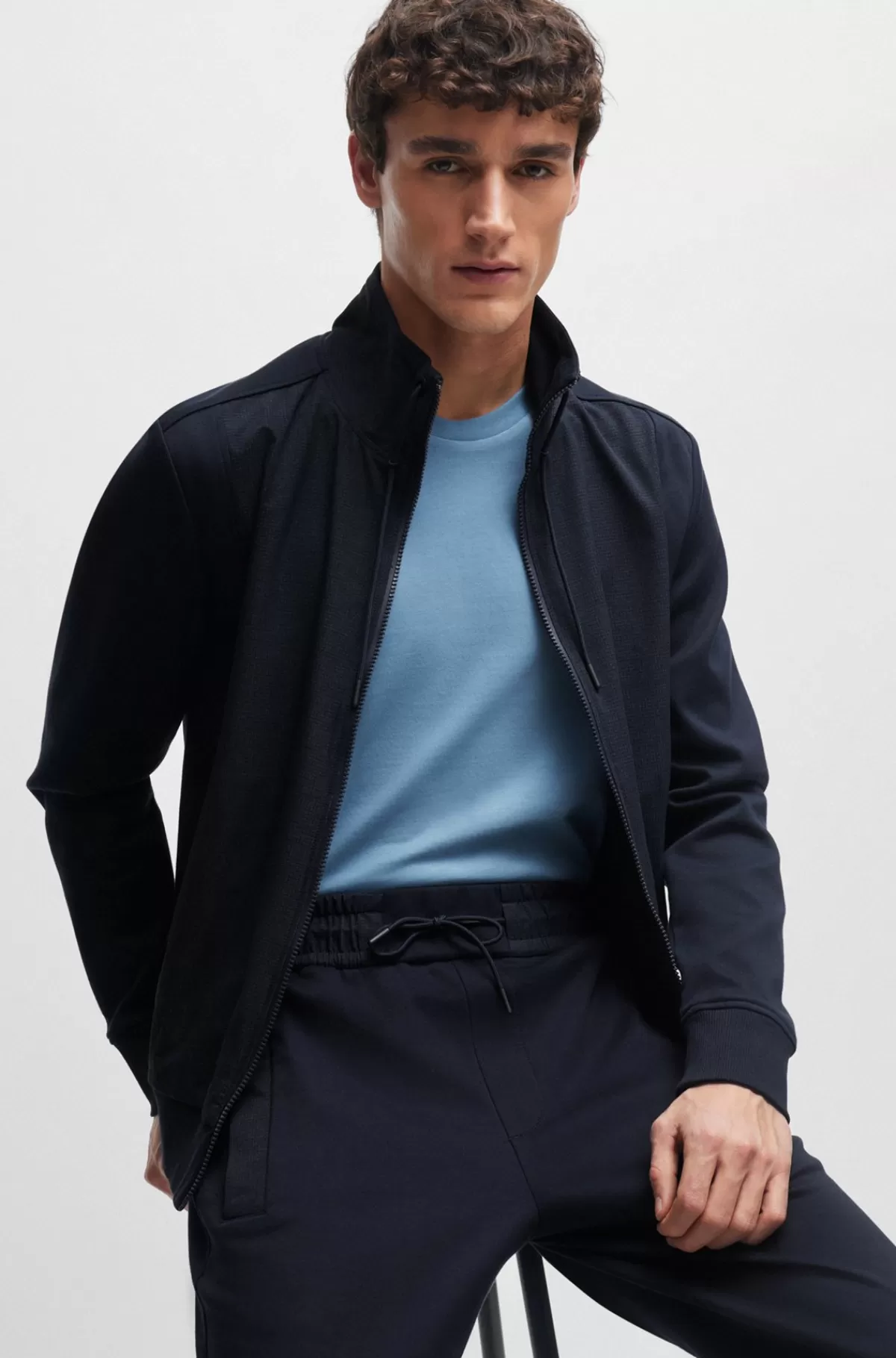 HUGO BOSS Sweatshirt Med Lynlås Og Paneler I Air-mesh, Der Er Nem At Pakke Mørkeblå Store