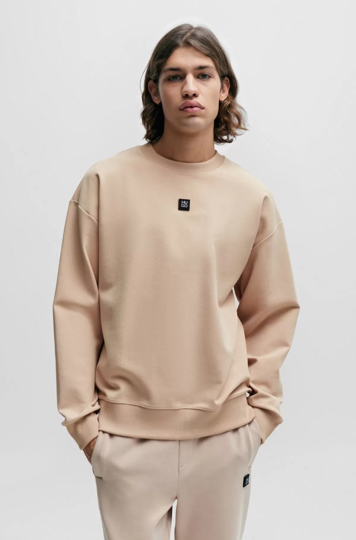 HUGO BOSS Sweatshirt Med Regular Fit I Strækbomuld Med Stablet Logo Beige Clearance