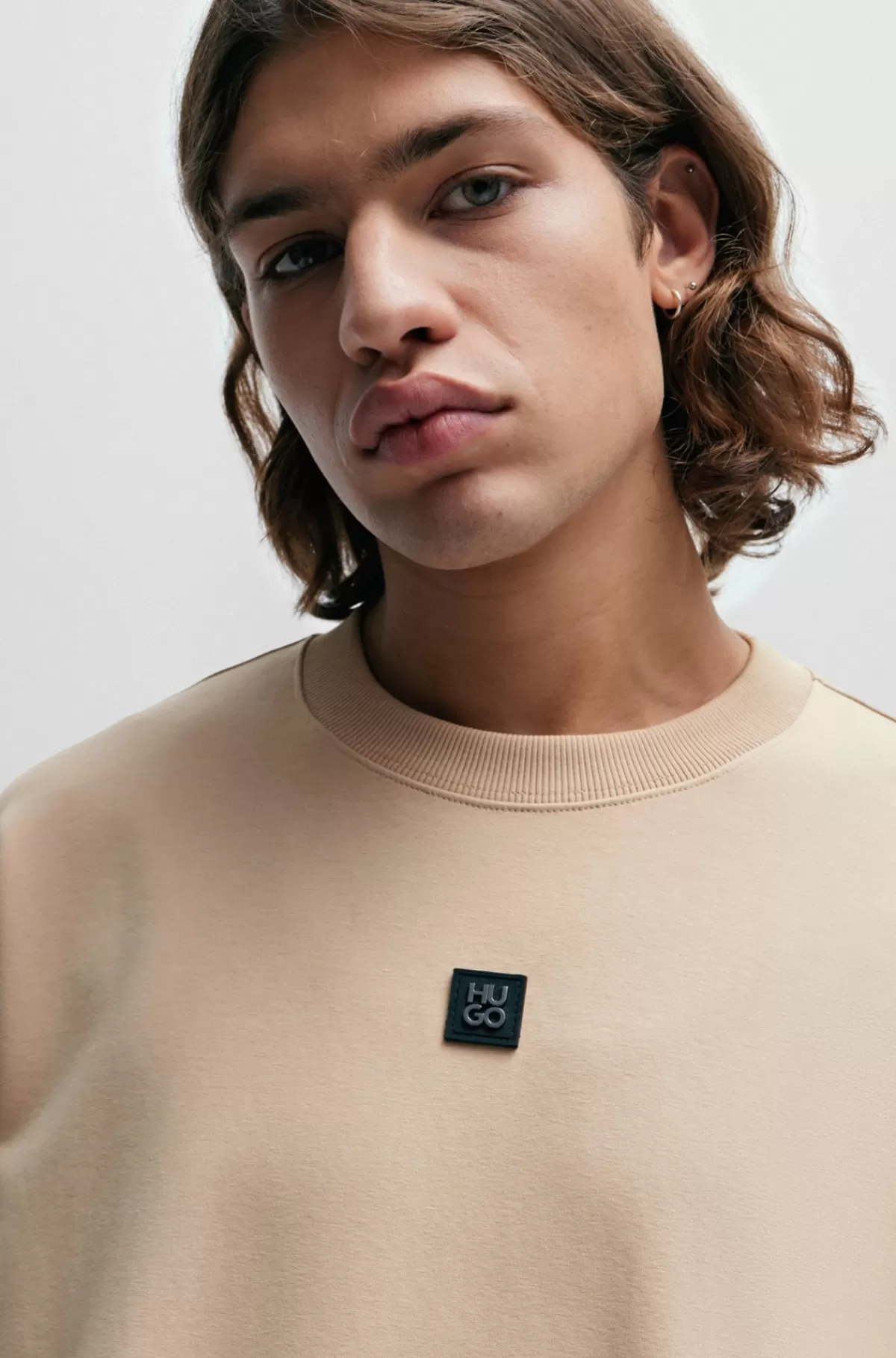 HUGO BOSS Sweatshirt Med Regular Fit I Strækbomuld Med Stablet Logo Beige Clearance