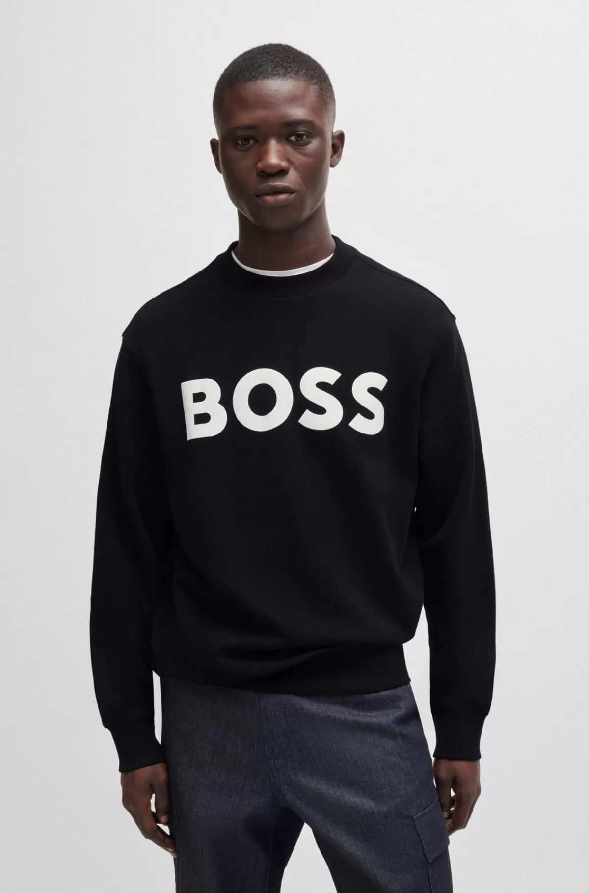 HUGO BOSS Sweatshirt Med Relaxed Fit I Bomuldsfrotté Med Logoprint Sort Discount