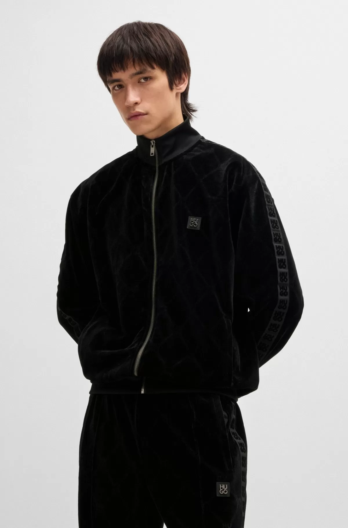 HUGO BOSS Sweatshirt Med Relaxed Fit I Fløjl Med Stræk Og Signaturkædemønster Sort Cheap