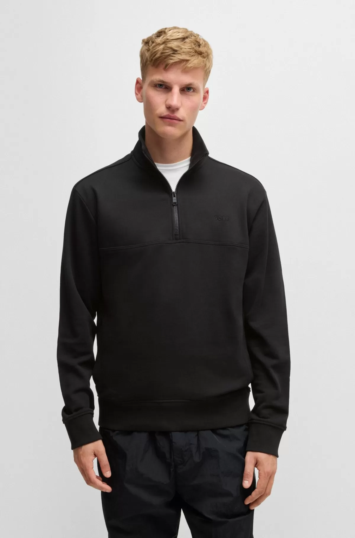 HUGO BOSS Sweatshirt Med Relaxed Fit Og Lynlås I Halsen I Sweatkvalitet Af Bomuld Sort Clearance