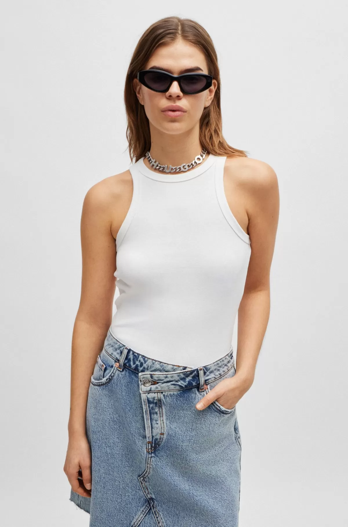 HUGO BOSS Tanktop I Bomuldsblanding Med Ribstruktur Og Logoprint Hvid Sale