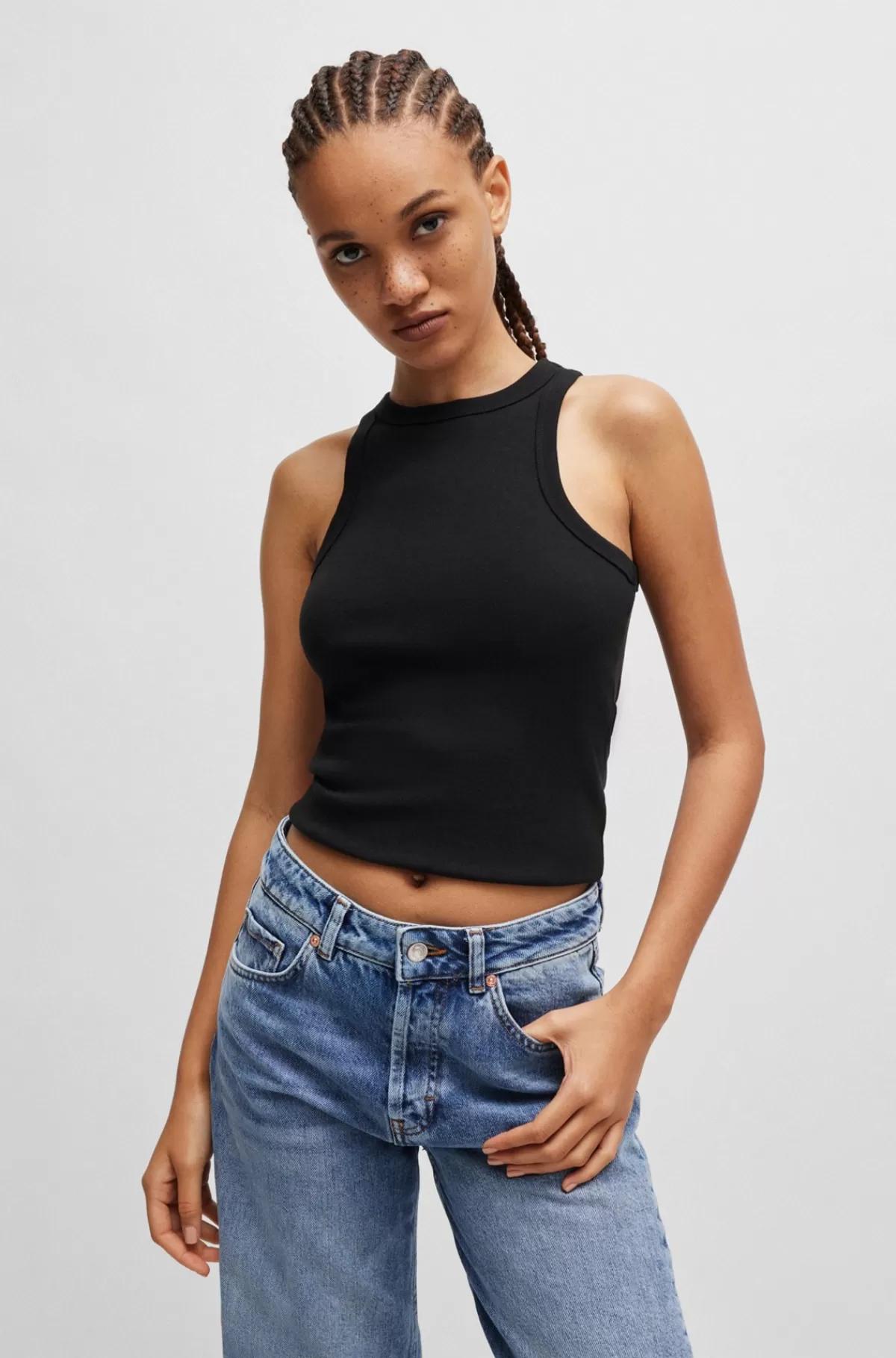 HUGO BOSS Tanktop I Bomuldsblanding Med Ribstruktur Og Logoprint Sort Hot
