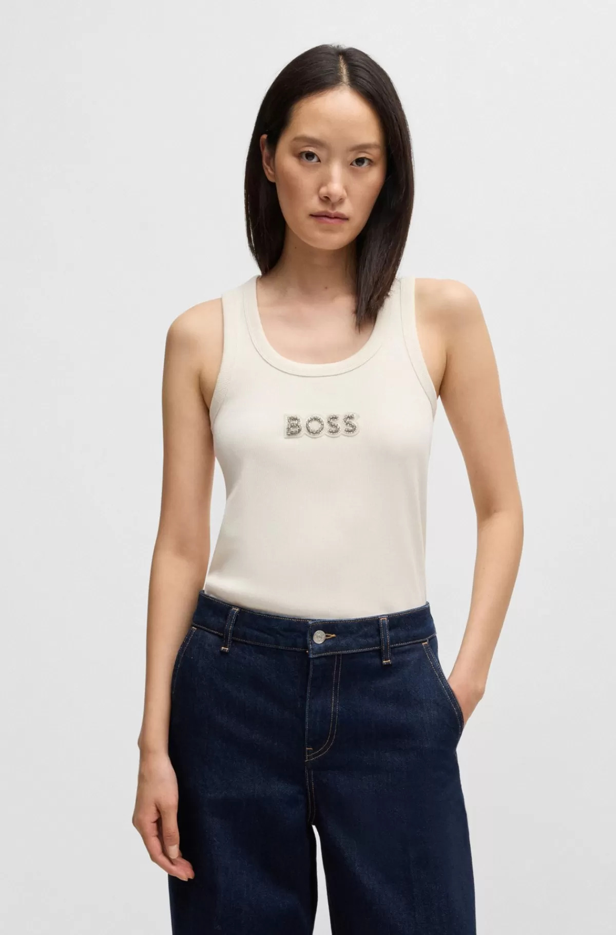HUGO BOSS Tanktop I Bomuldsrib Med Stræk Og Krystallogo Hvid Cheap