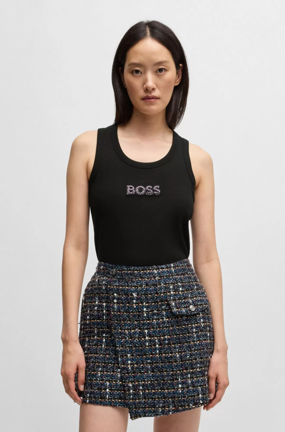 HUGO BOSS Tanktop I Bomuldsrib Med Stræk Og Krystallogo Sort Cheap