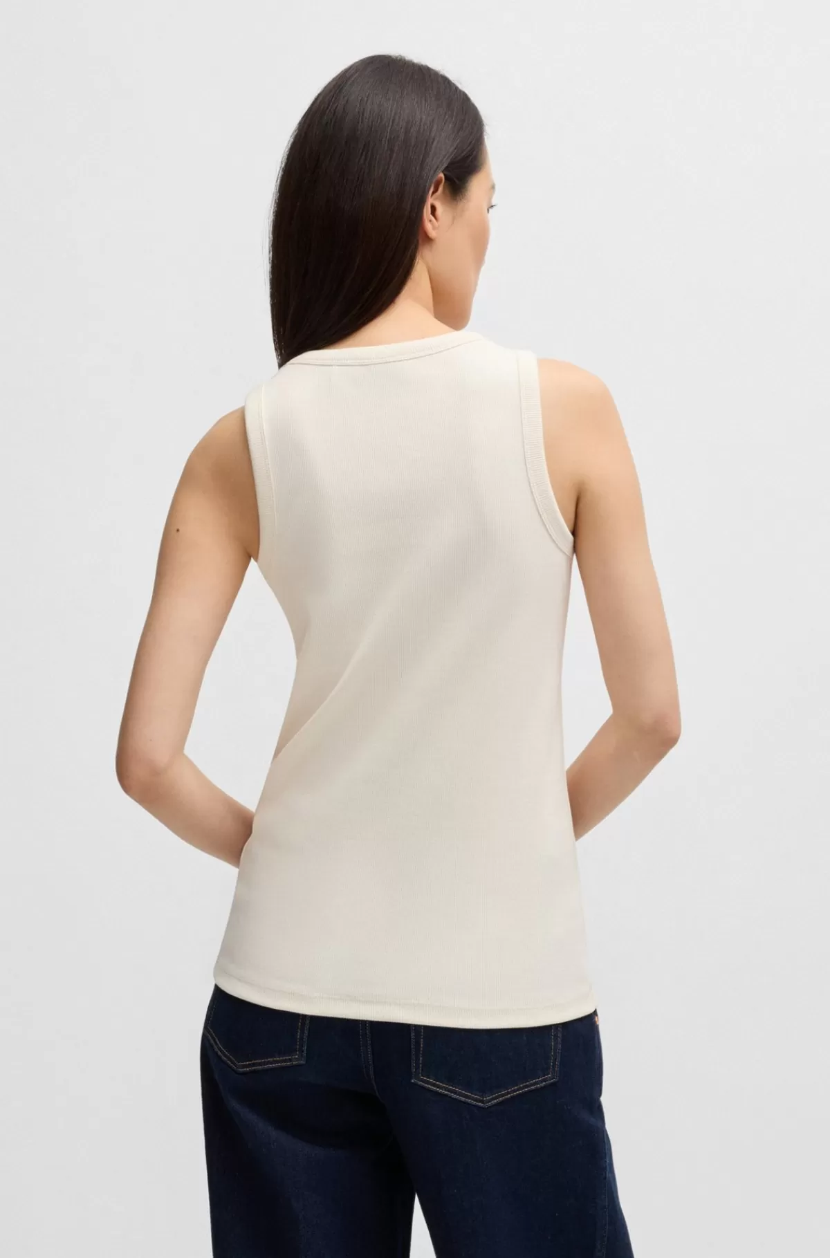 HUGO BOSS Tanktop I Bomuldsrib Med Stræk Og Krystallogo Hvid Cheap