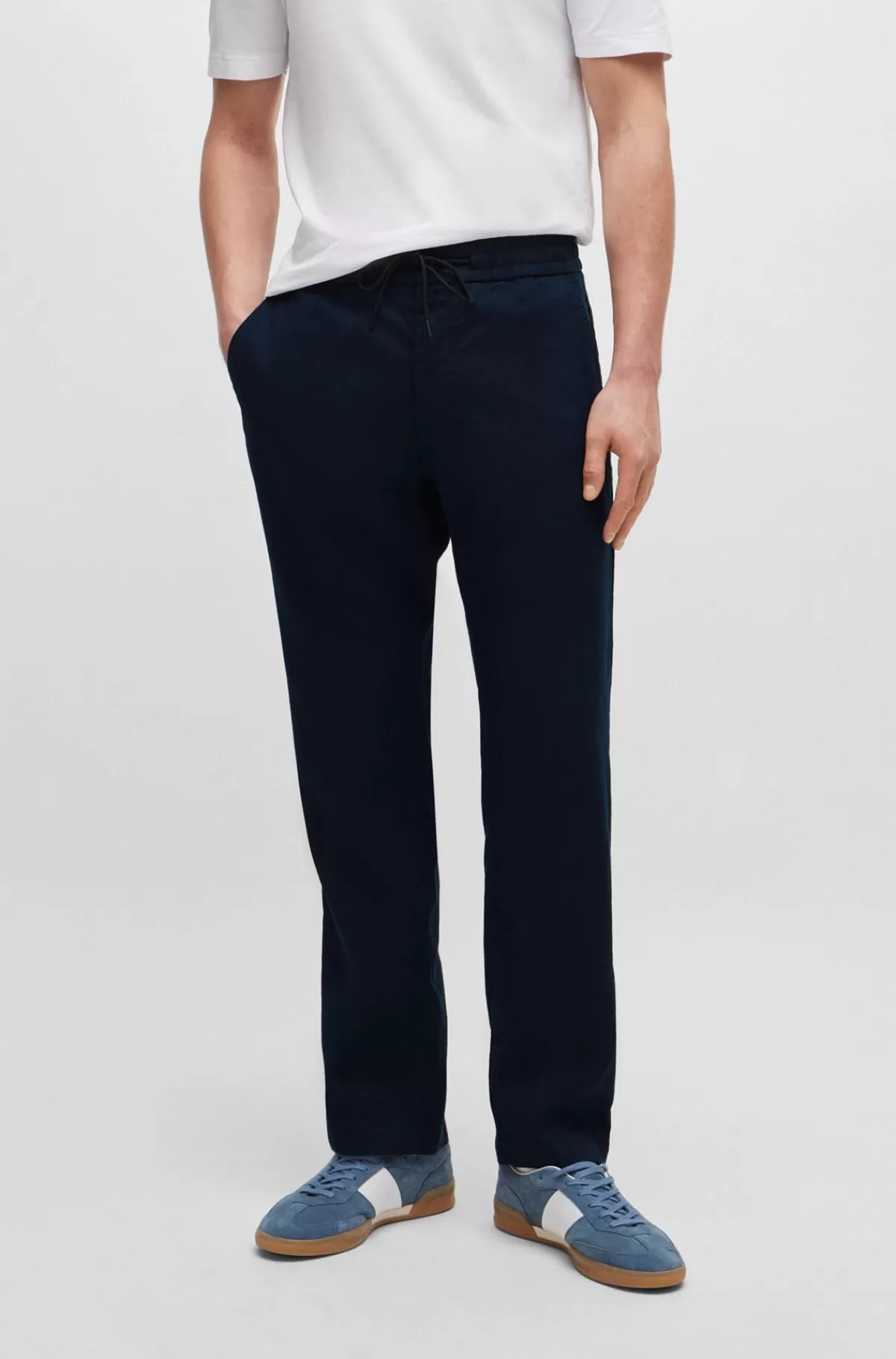 HUGO BOSS Tapered Fit Bukser I En Hørblanding Mørkeblå Sale