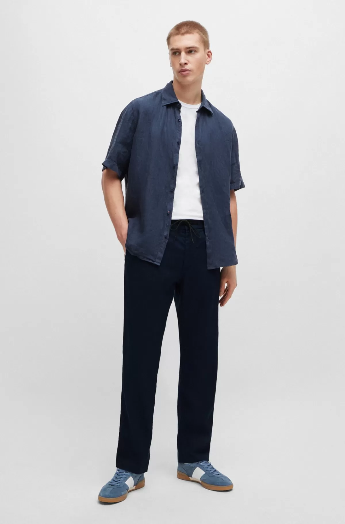 HUGO BOSS Tapered Fit Bukser I En Hørblanding Mørkeblå Sale