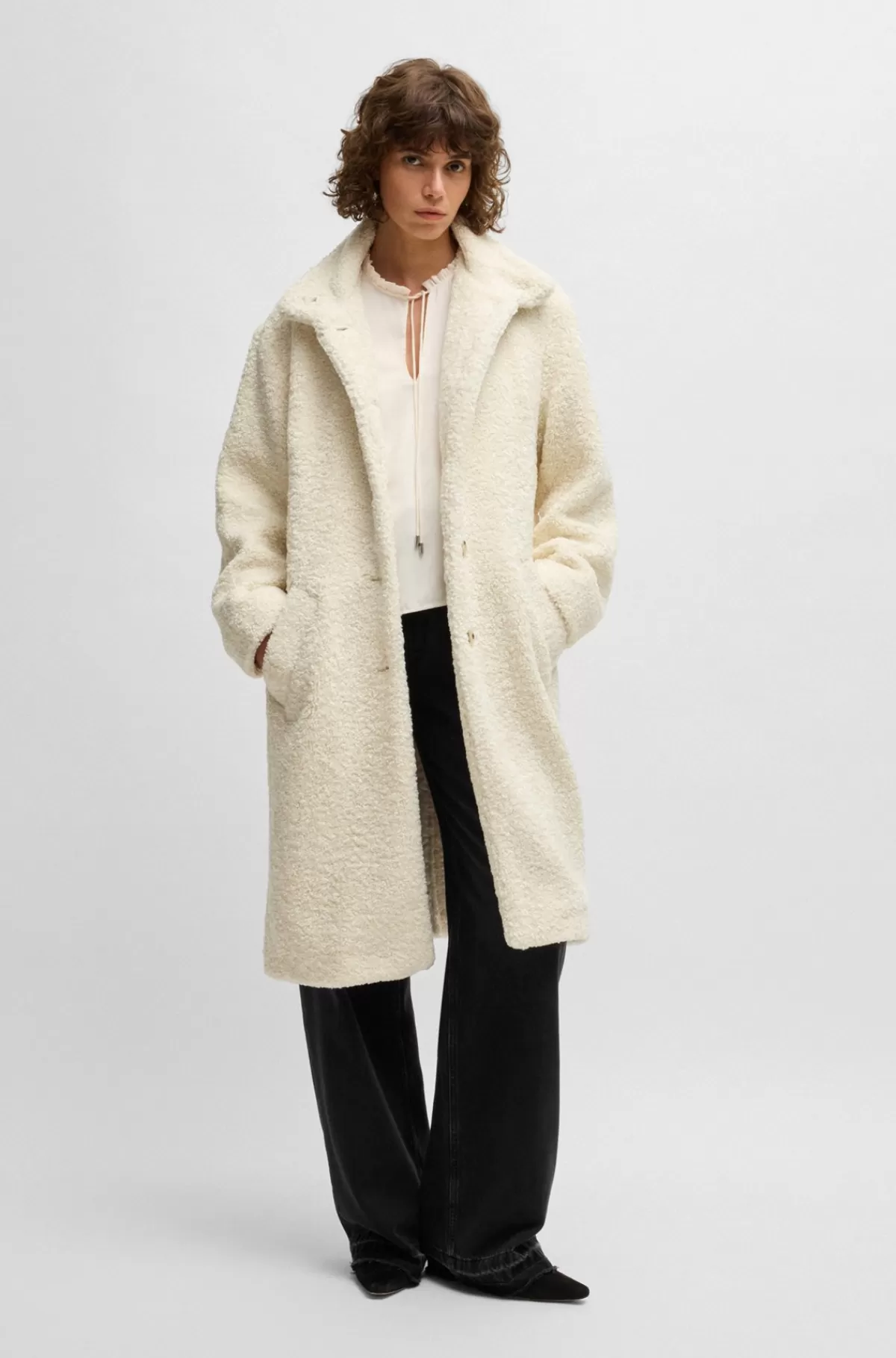 HUGO BOSS Teddyfrakke Med Mønstrede Knapper Hvid Clearance