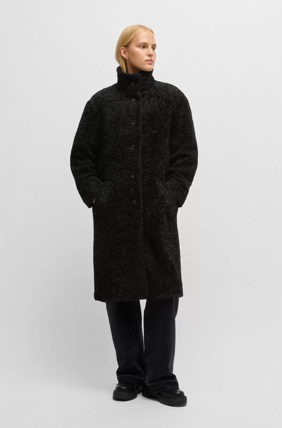 HUGO BOSS Teddyfrakke Med Mønstrede Knapper Sort Cheap