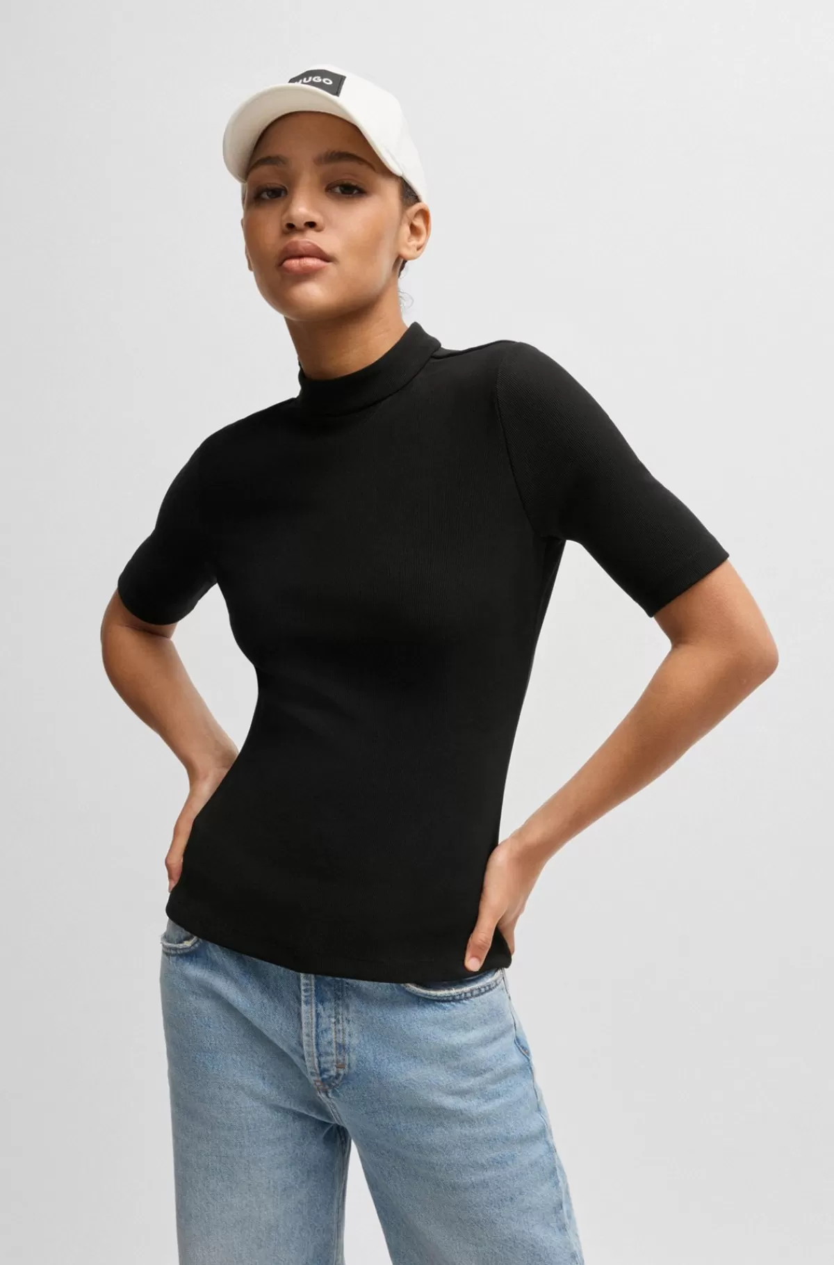 HUGO BOSS Top I Ribstrikket Jersey Med Slim Fit Og Høj Hals Sort Shop