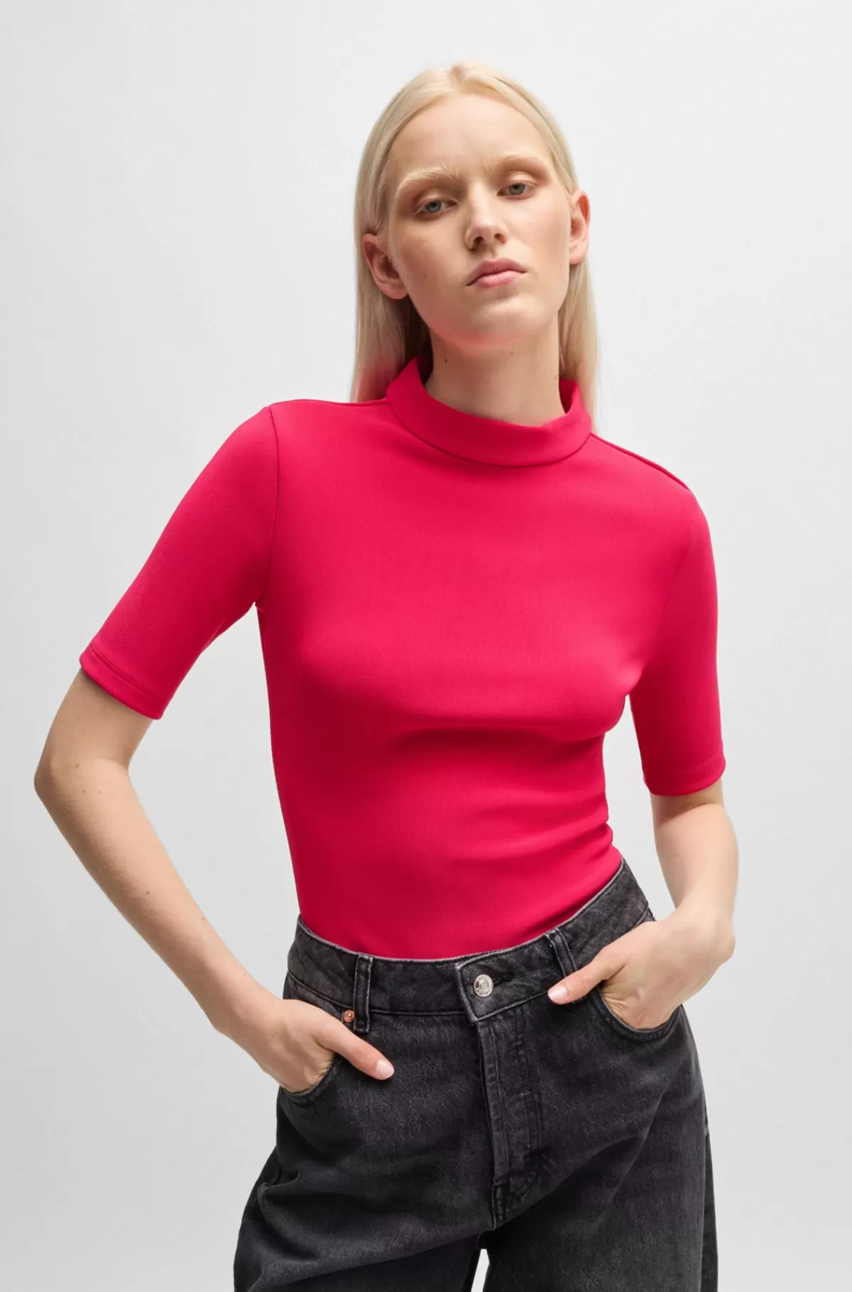 HUGO BOSS Top I Ribstrikket Jersey Med Slim Fit Og Høj Hals Rød New