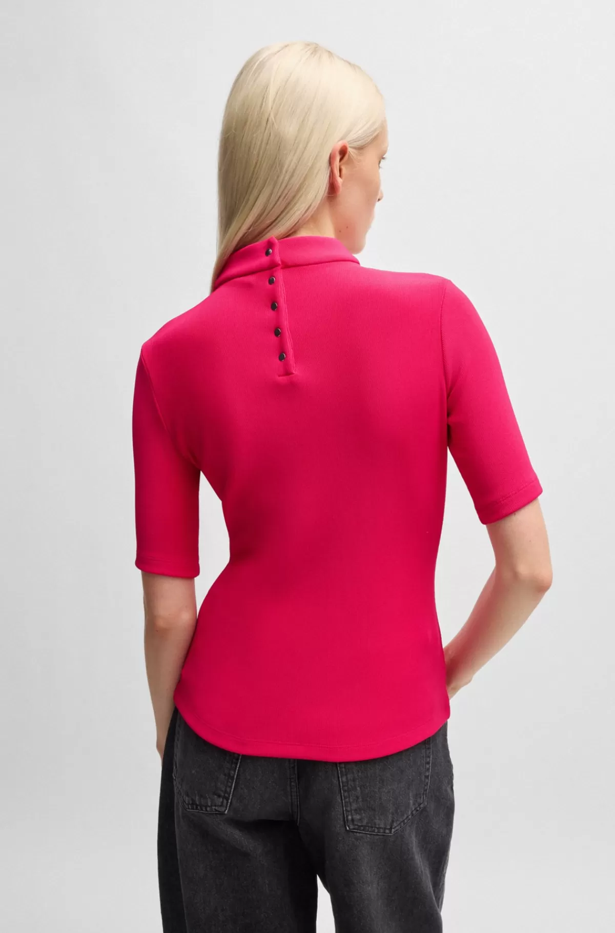 HUGO BOSS Top I Ribstrikket Jersey Med Slim Fit Og Høj Hals Rød New
