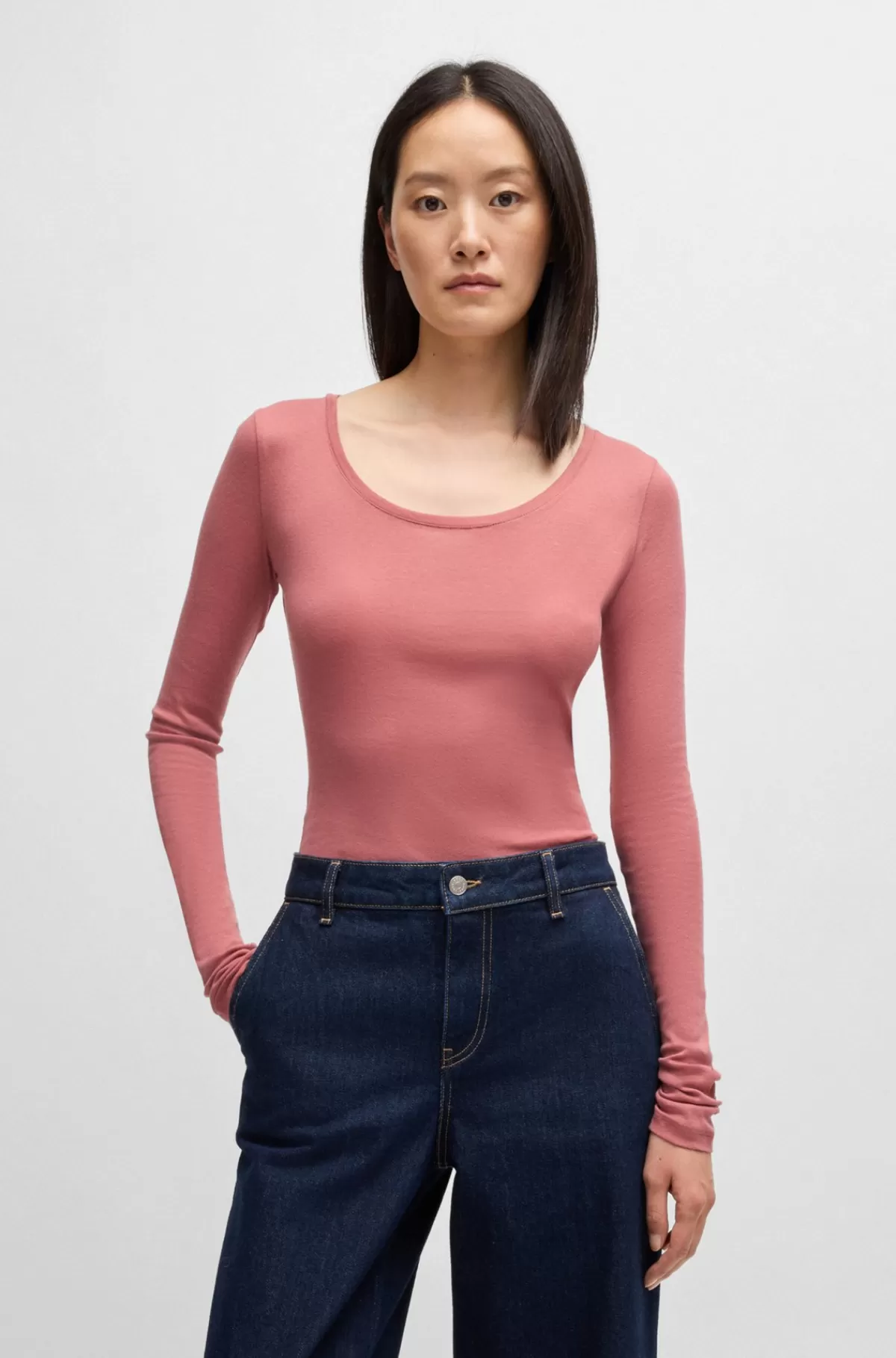 HUGO BOSS Top Med Lange ærmer I Bomuld Med Stræk Og Ribstruktur Lys pink Store