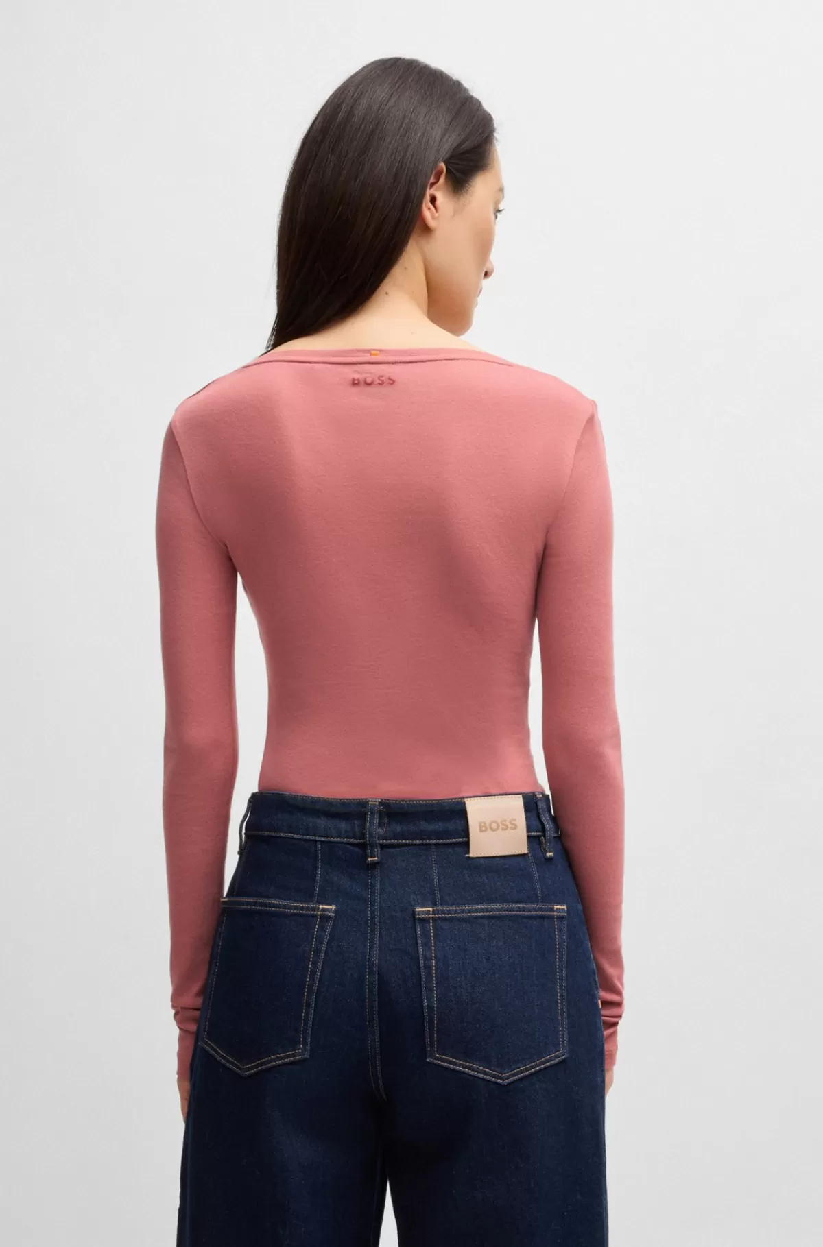 HUGO BOSS Top Med Lange ærmer I Bomuld Med Stræk Og Ribstruktur Lys pink Store