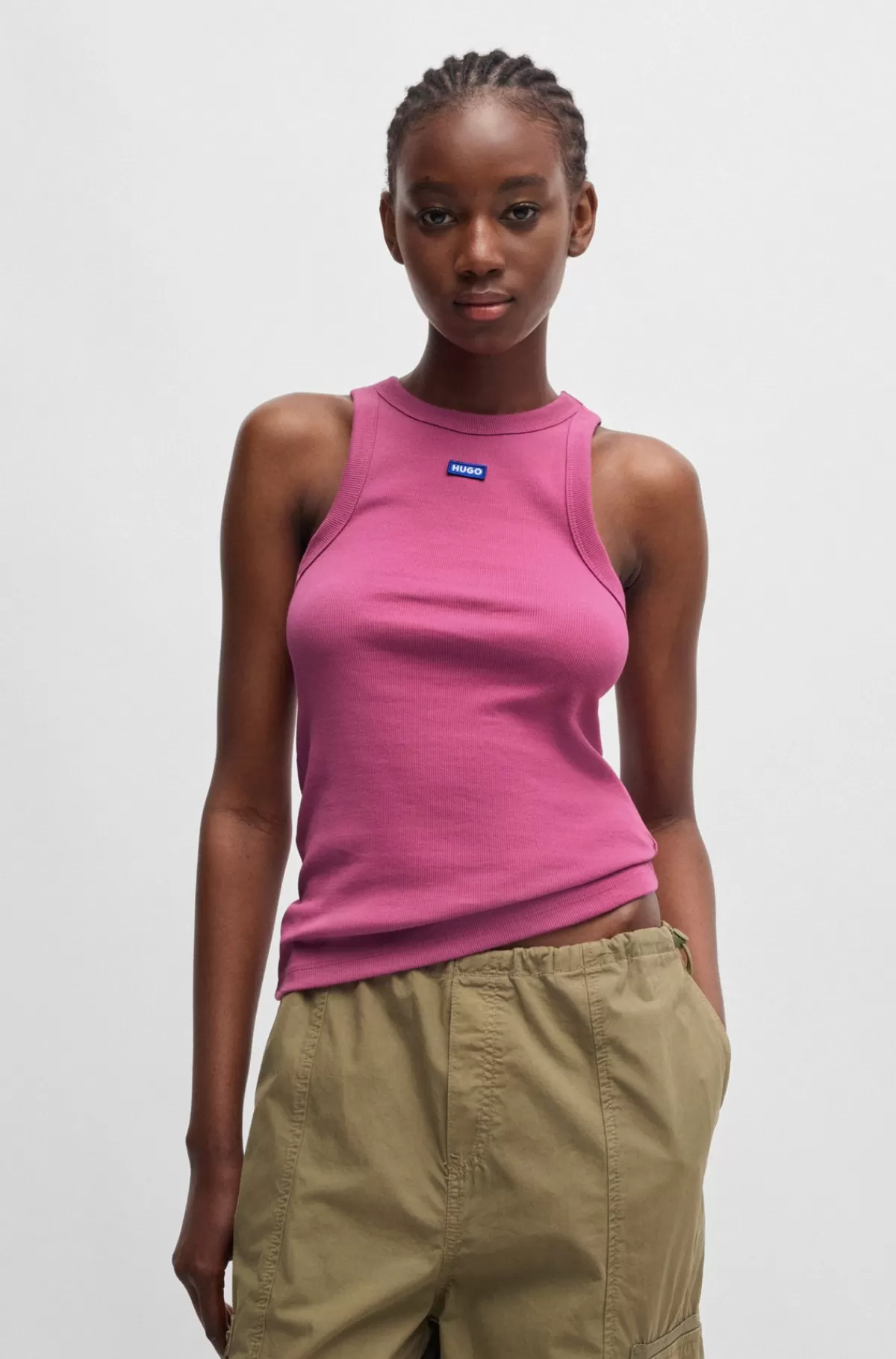 HUGO BOSS Top Med Slim Fit Top Af Strækbomuld Med Blåt Logobadge Pink Outlet