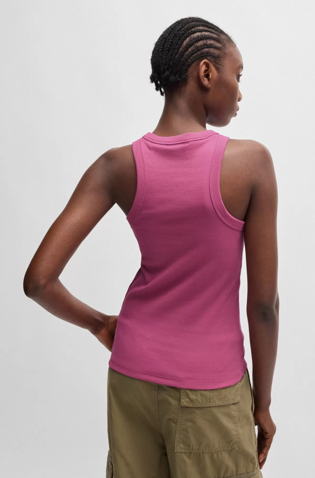 HUGO BOSS Top Med Slim Fit Top Af Strækbomuld Med Blåt Logobadge Pink Outlet