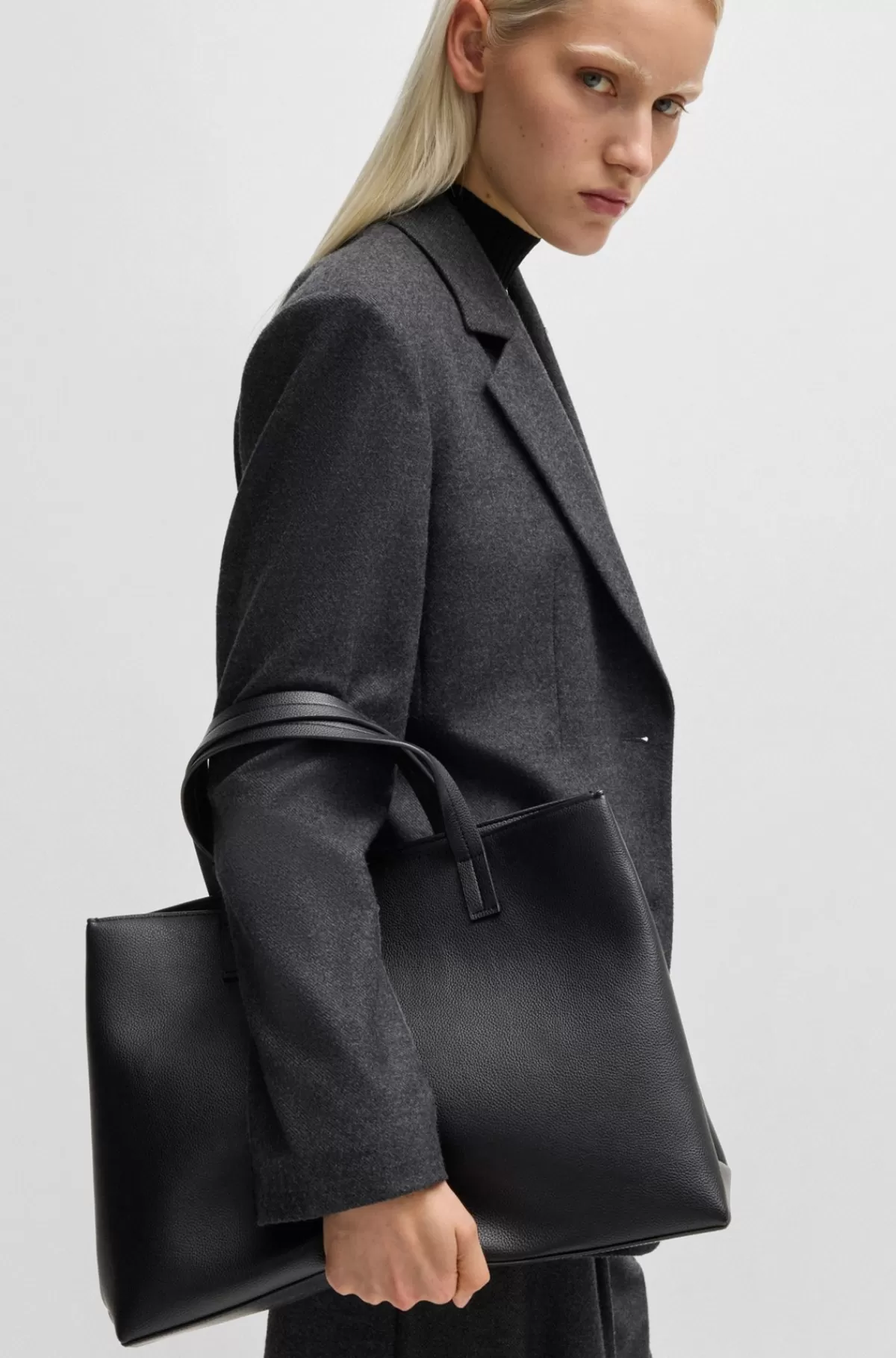 HUGO BOSS Tote Bag I Imiteret Narvlæder Med Brandet Rem Sort Clearance