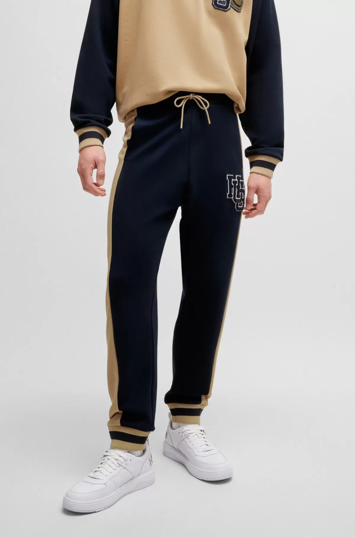 HUGO BOSS Tracksuit-bukser Af Bomuldsfrotté Med Varsity-inspireret Logo Mørkeblå Flash Sale