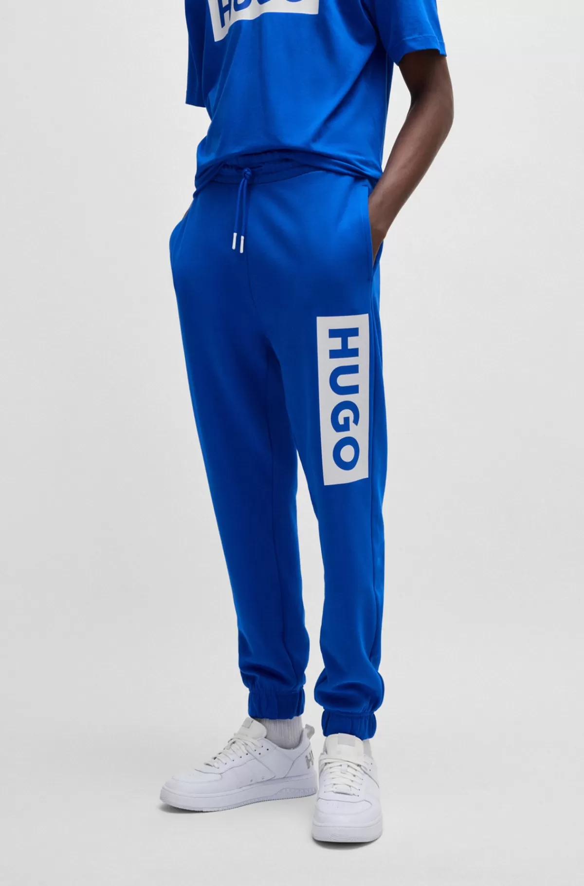 HUGO BOSS Tracksuit-bukser Med Logoprint I Bomuldsfrotté Blå Sale