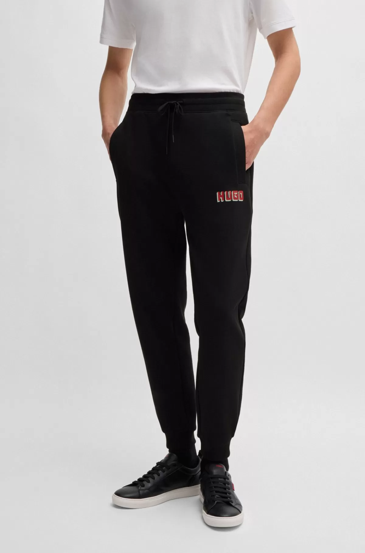 HUGO BOSS Tracksuit-bukser Med Logoprint I Bomuldsfrotté Sort New