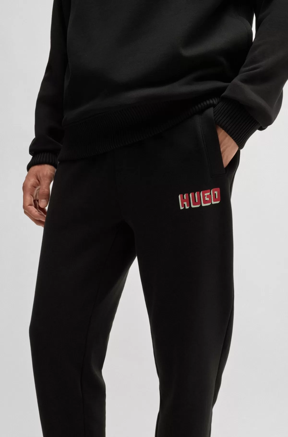 HUGO BOSS Tracksuit-bukser Med Logoprint I Bomuldsfrotté Sort New