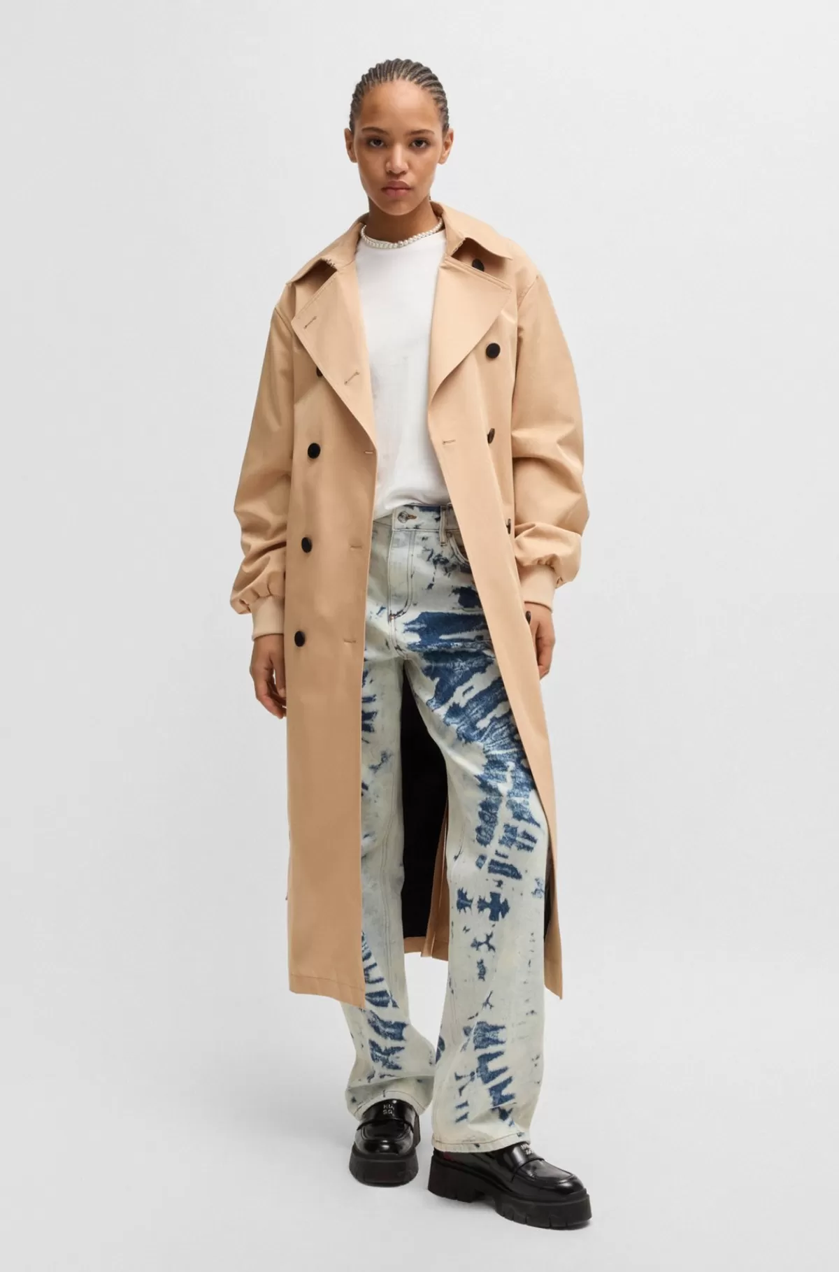 HUGO BOSS Trenchcoat I Bomuld Med Oversize Fit Og Dobbeltradet Lukning Lys beige Hot