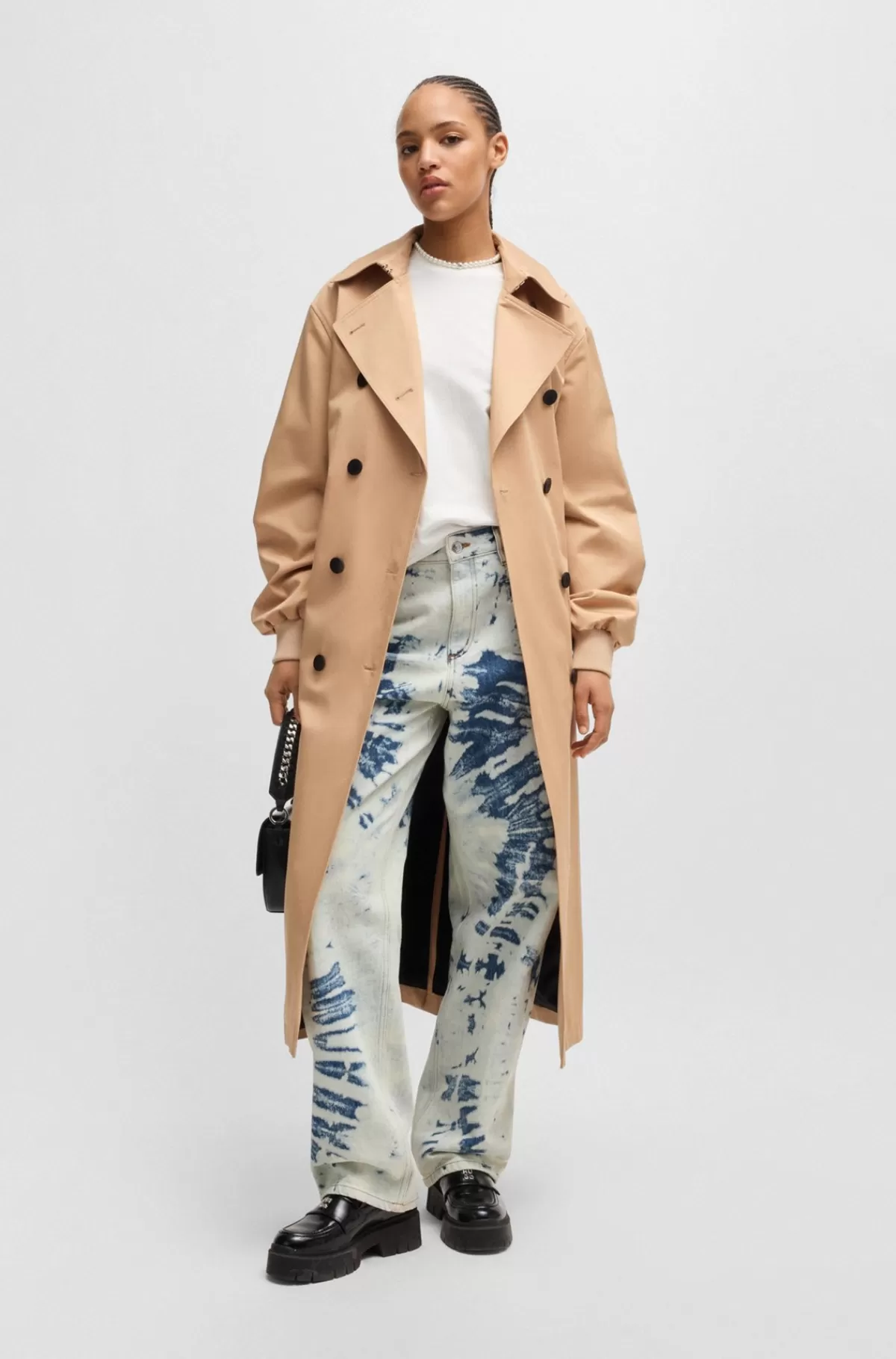 HUGO BOSS Trenchcoat I Bomuld Med Oversize Fit Og Dobbeltradet Lukning Lys beige Hot