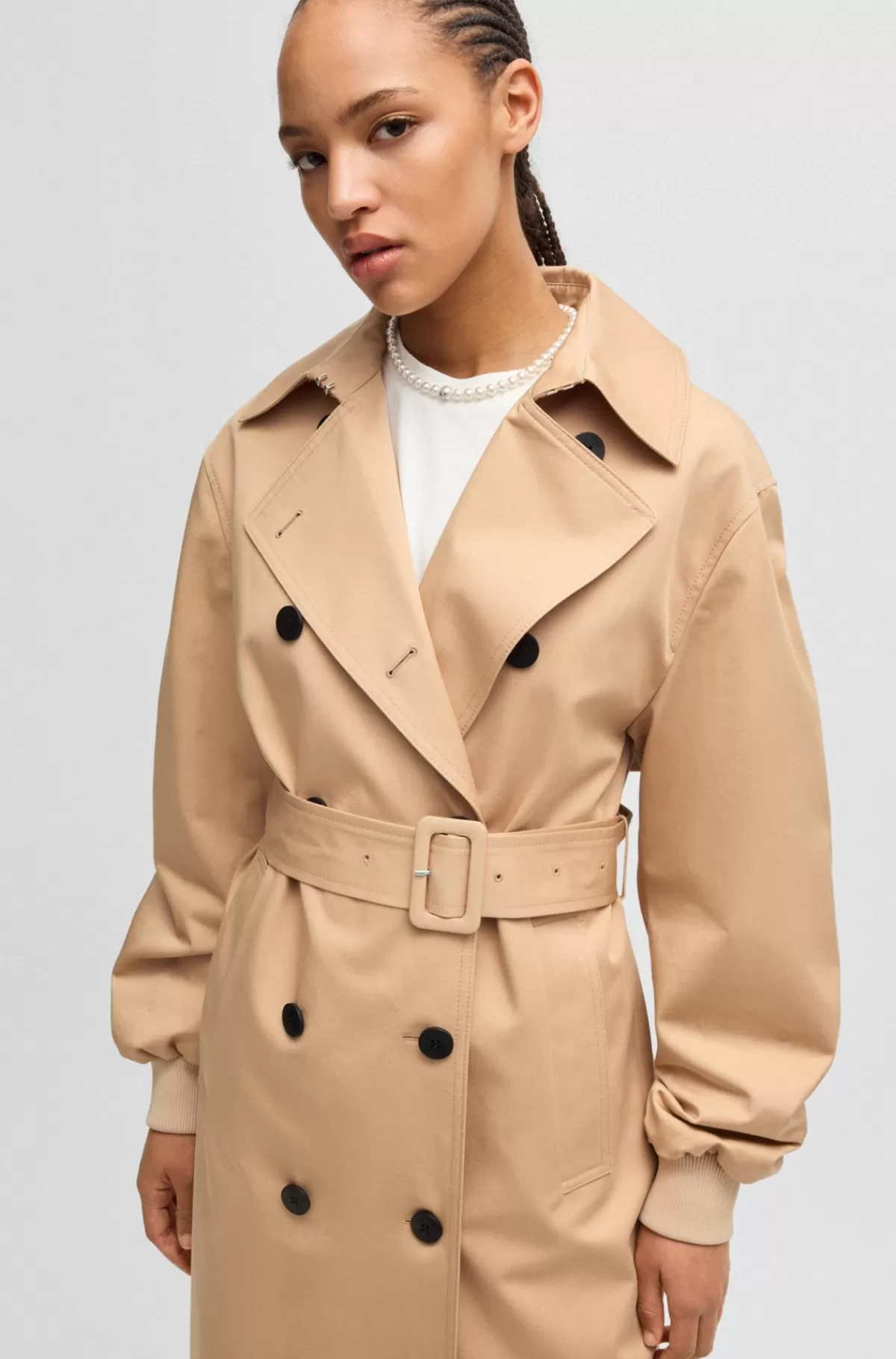 HUGO BOSS Trenchcoat I Bomuld Med Oversize Fit Og Dobbeltradet Lukning Lys beige Hot