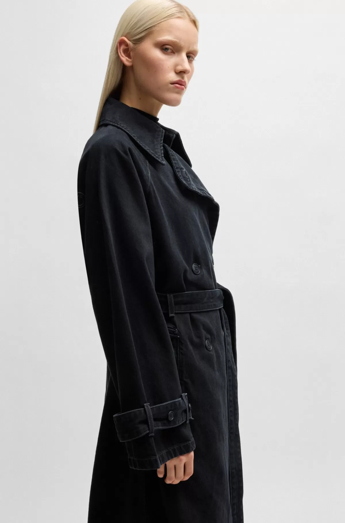 HUGO BOSS Trenchcoat I Denim Af Bomuld Med Stræk Og Malet Effekt Sort Best