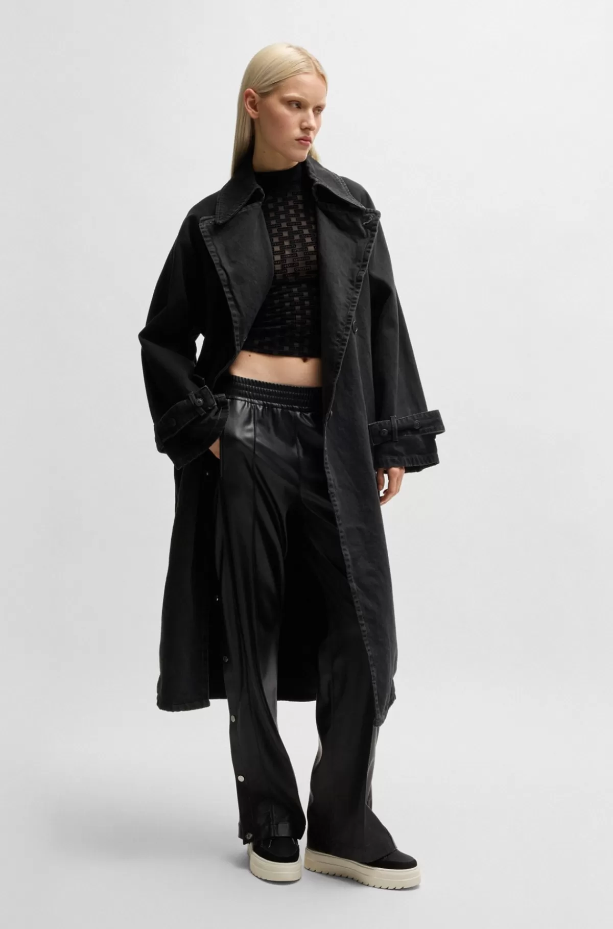 HUGO BOSS Trenchcoat I Denim Af Bomuld Med Stræk Og Malet Effekt Sort Best