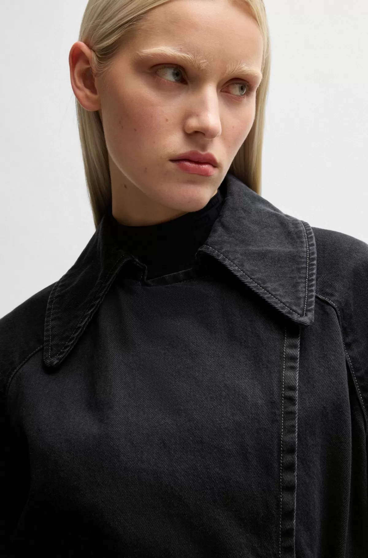 HUGO BOSS Trenchcoat I Denim Af Bomuld Med Stræk Og Malet Effekt Sort Best