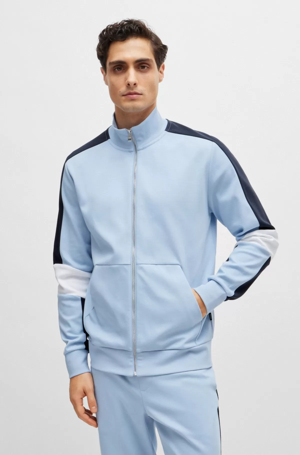 HUGO BOSS Trøje Med Lynlås I Halsen I Bomuldsblanding Og Colour Blocking Lyseblå Store