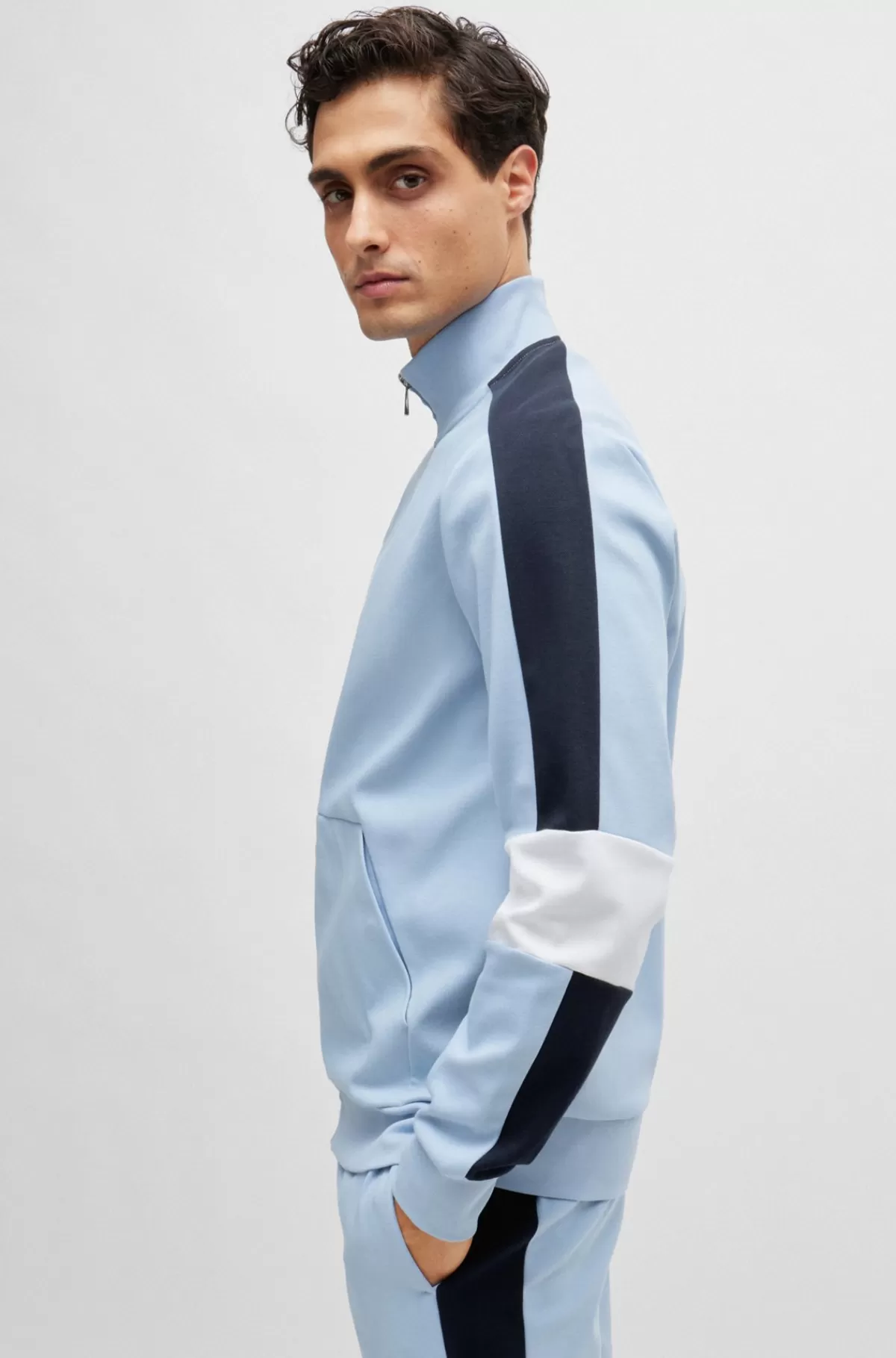 HUGO BOSS Trøje Med Lynlås I Halsen I Bomuldsblanding Og Colour Blocking Lyseblå Store
