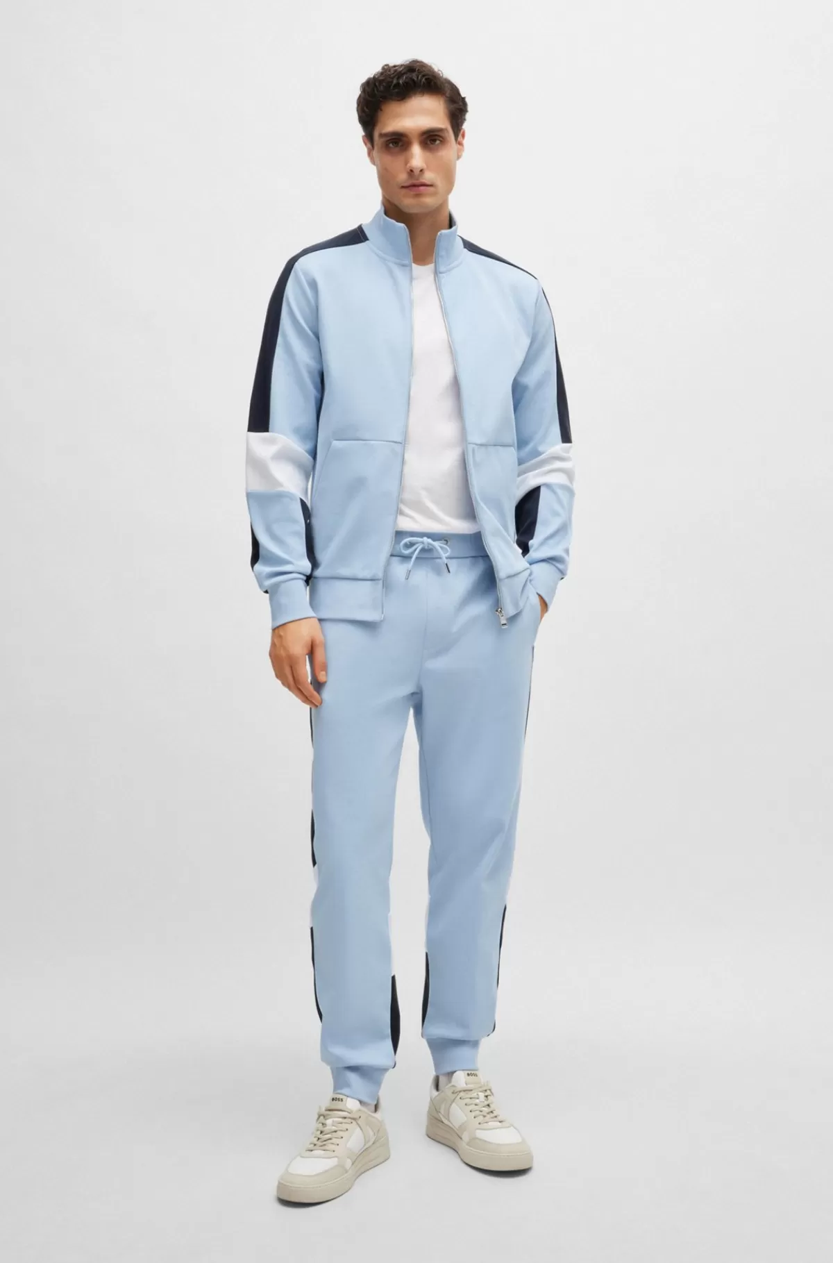 HUGO BOSS Trøje Med Lynlås I Halsen I Bomuldsblanding Og Colour Blocking Lyseblå Store