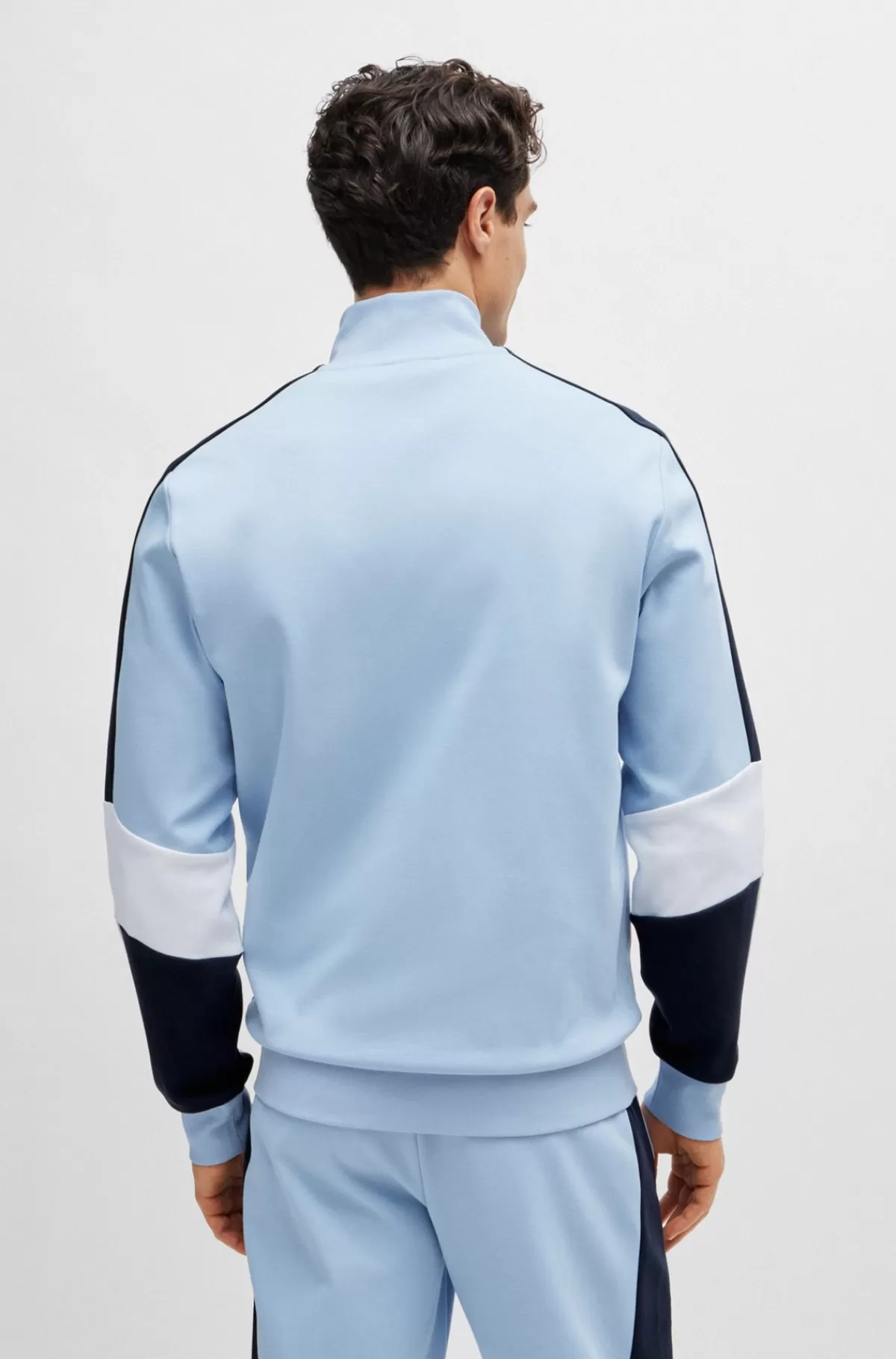 HUGO BOSS Trøje Med Lynlås I Halsen I Bomuldsblanding Og Colour Blocking Lyseblå Store