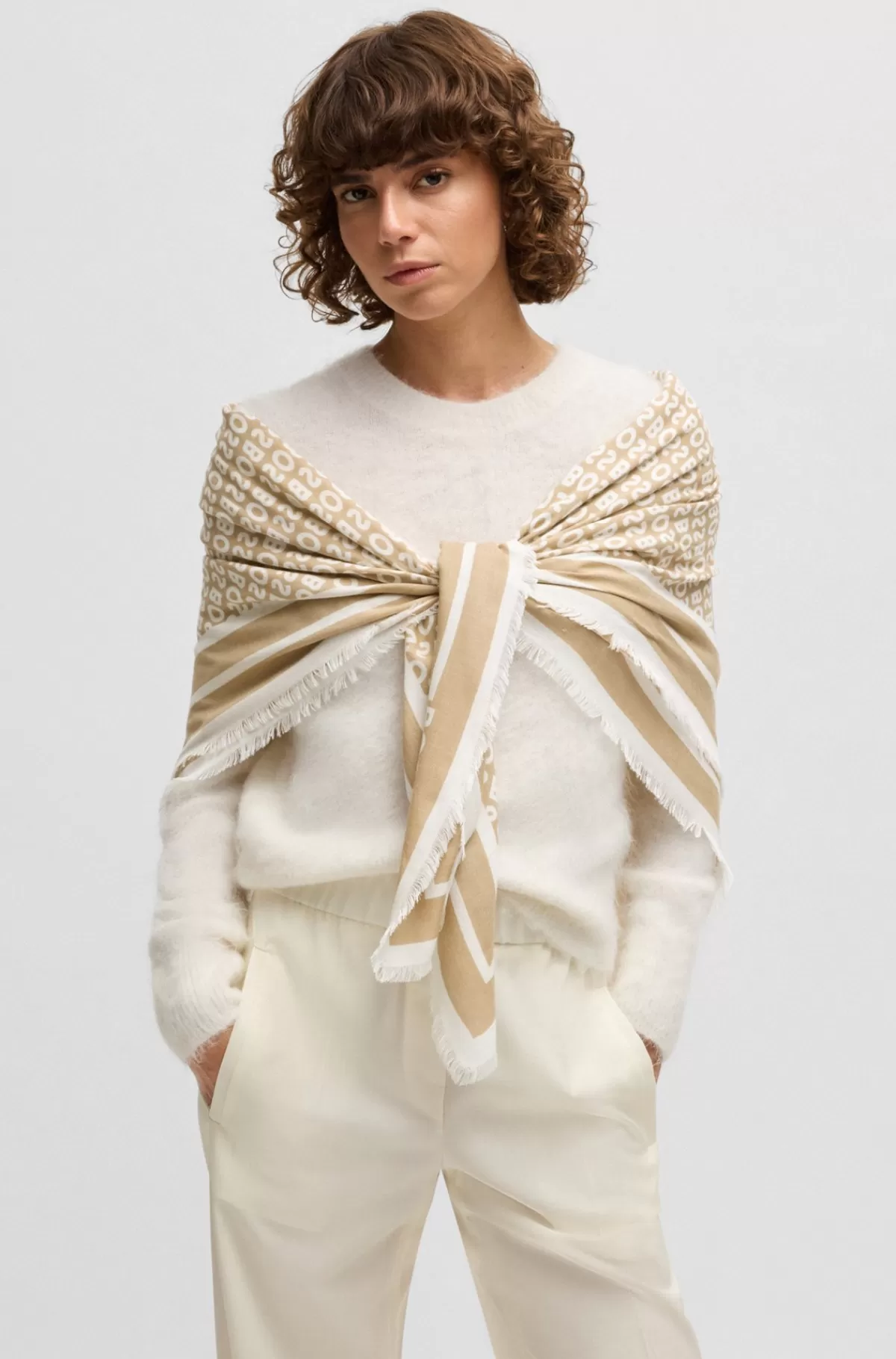 HUGO BOSS Tørklæde I Modal Og Silke Med Logoprint Beige Store