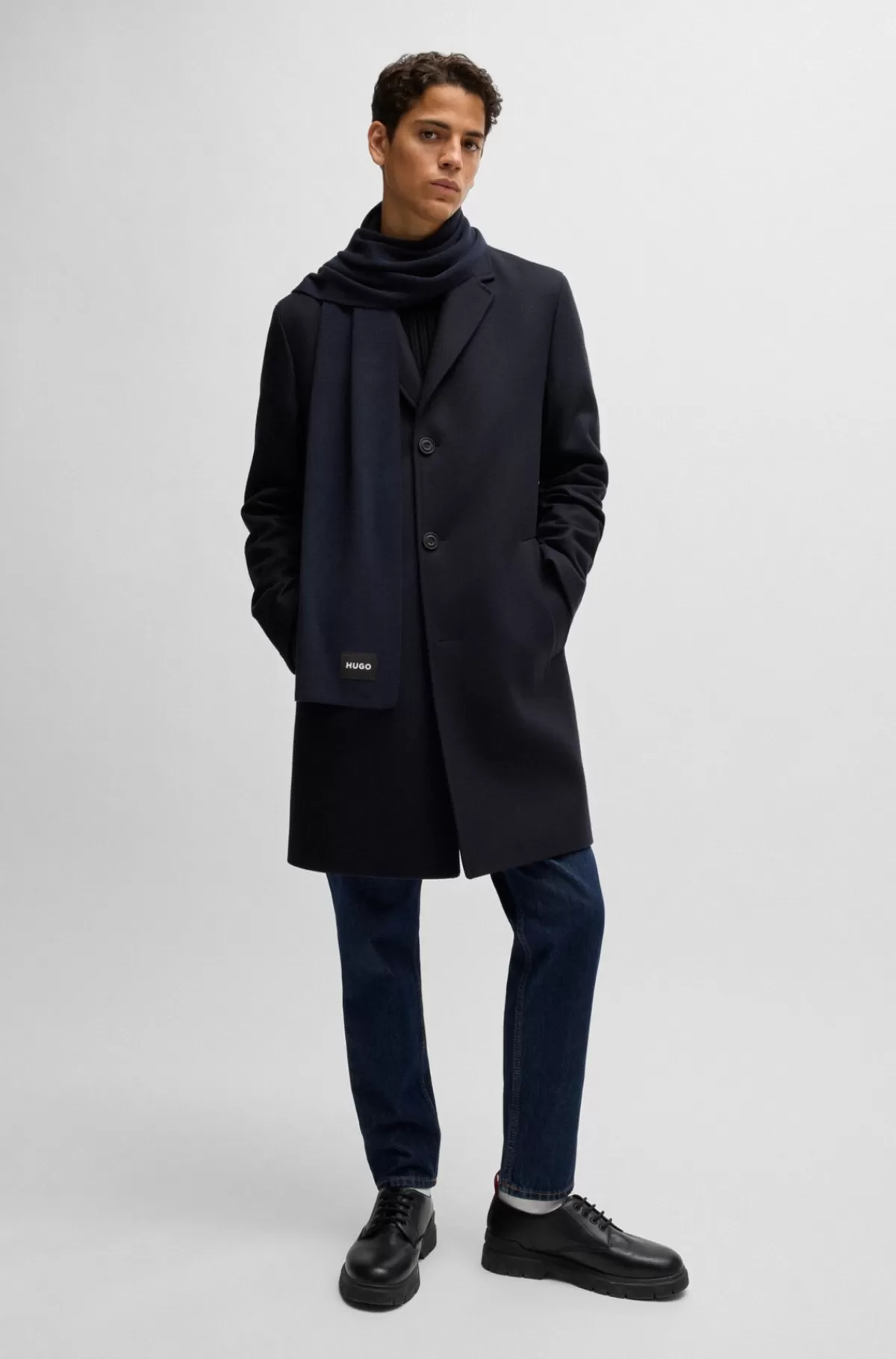 HUGO BOSS Tørklæde I Strikket Bomuld Med Logomærkater Mørkeblå Flash Sale
