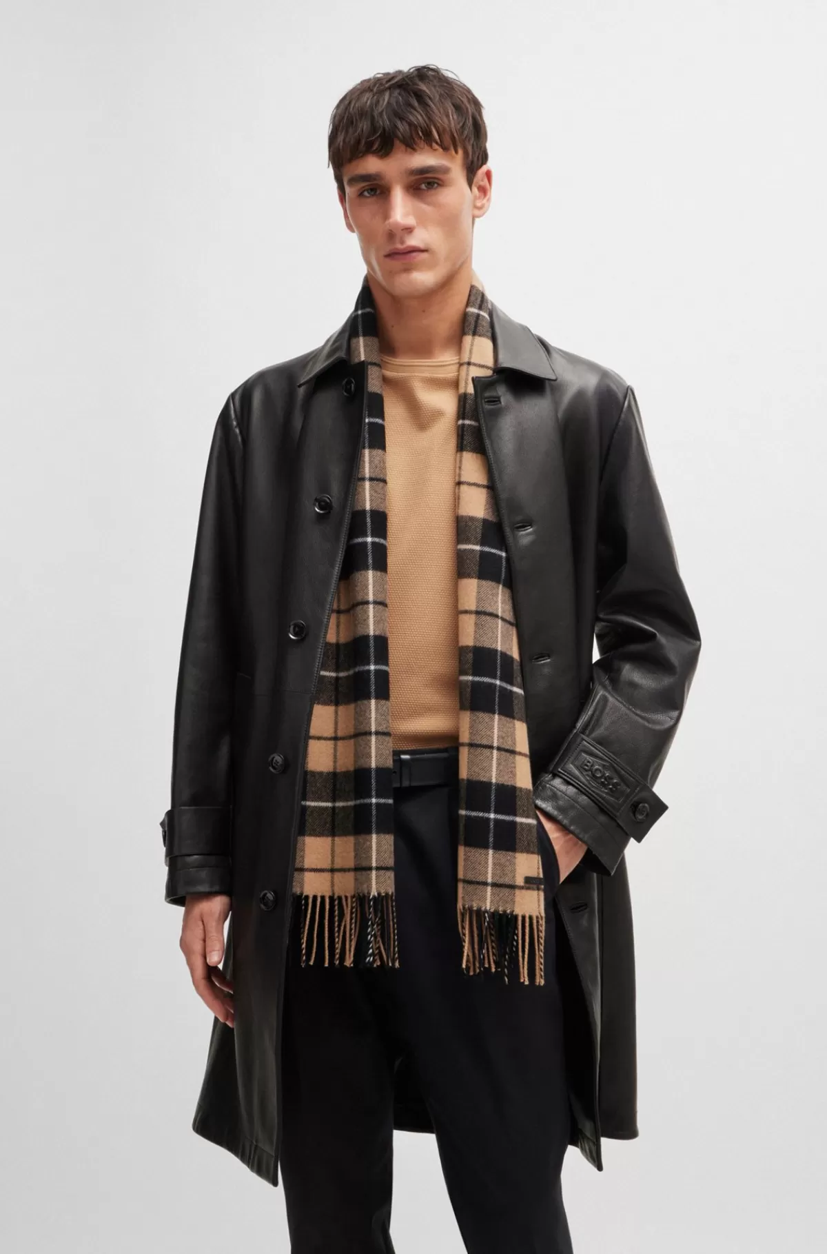 HUGO BOSS Tørklæde Uld Med Snoede Frynser Beige Discount