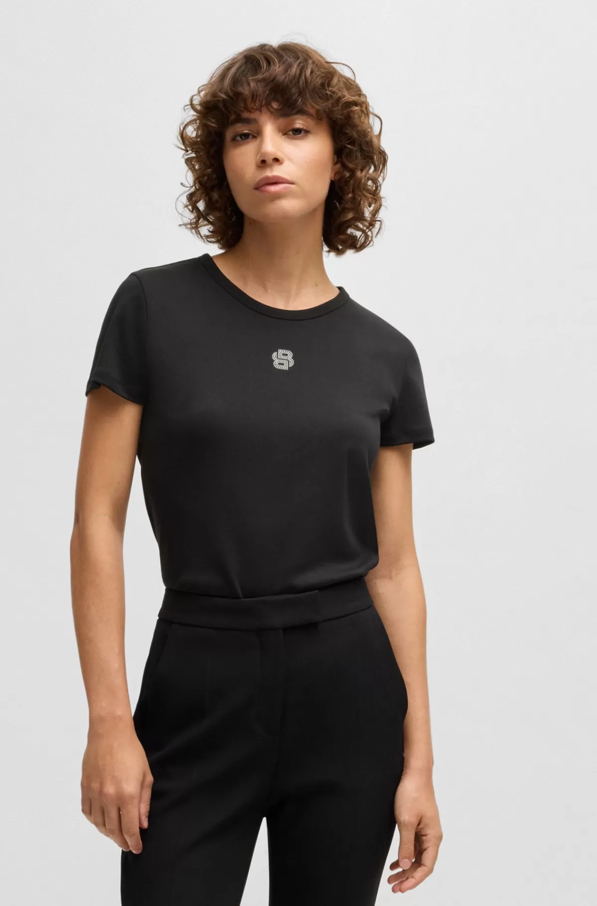 HUGO BOSS T-shirt I Bomuld Med Krystalbesat Dobbelt B-monogram Sort Online
