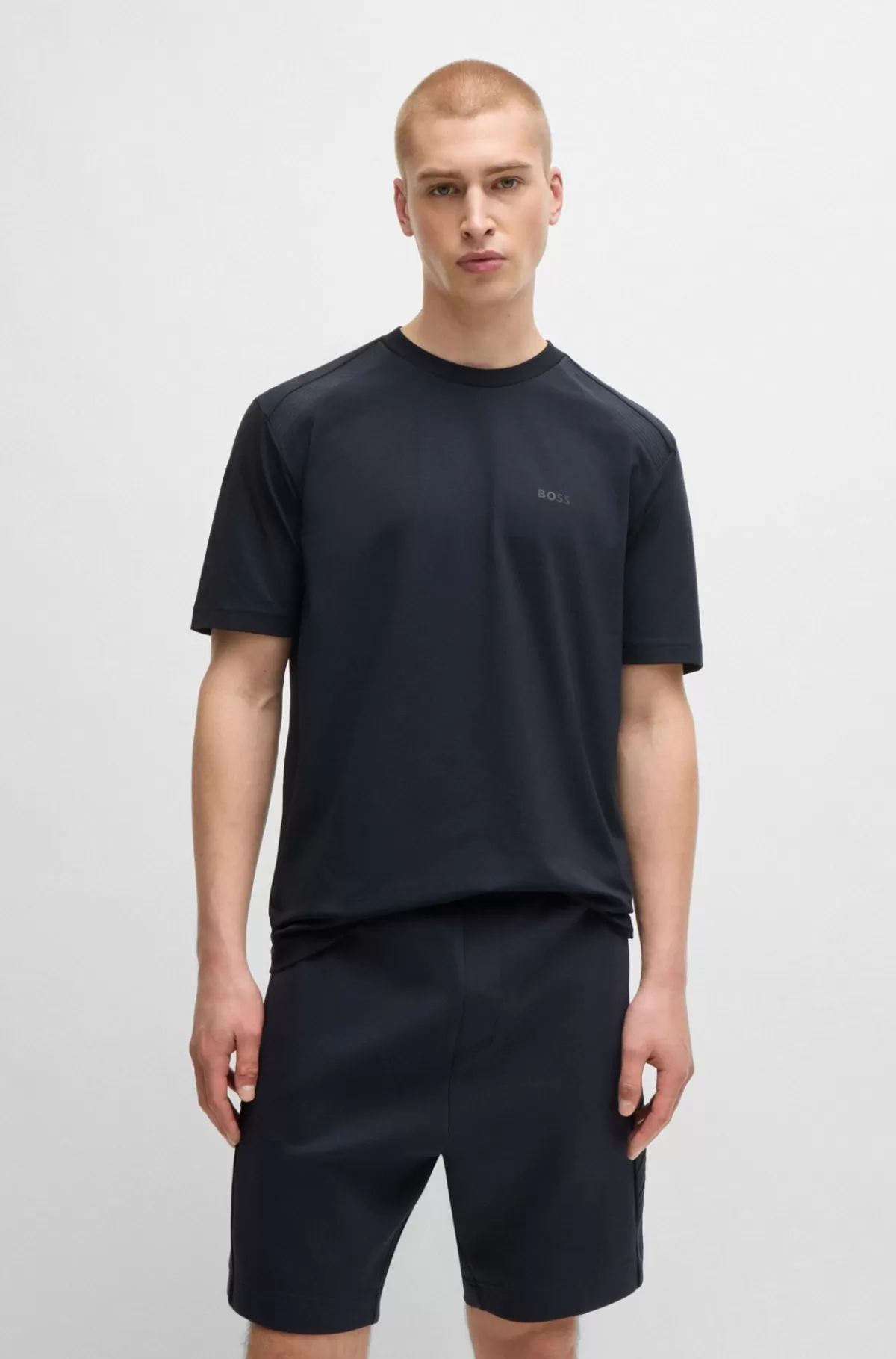 HUGO BOSS T-shirt I Bomuld Med Stræk, Crew Neck Og Logodetalje Mørkeblå Best Sale