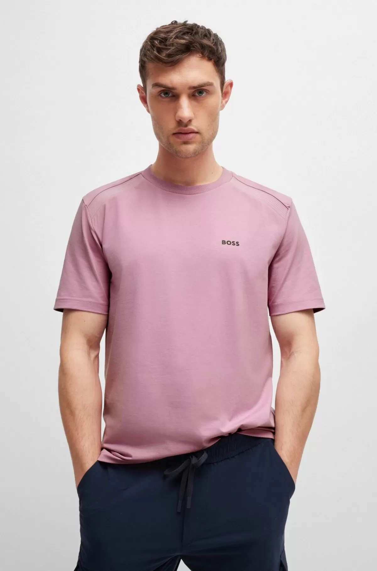 HUGO BOSS T-shirt I Bomuld Med Stræk, Crew Neck Og Logodetalje Lyslilla Fashion
