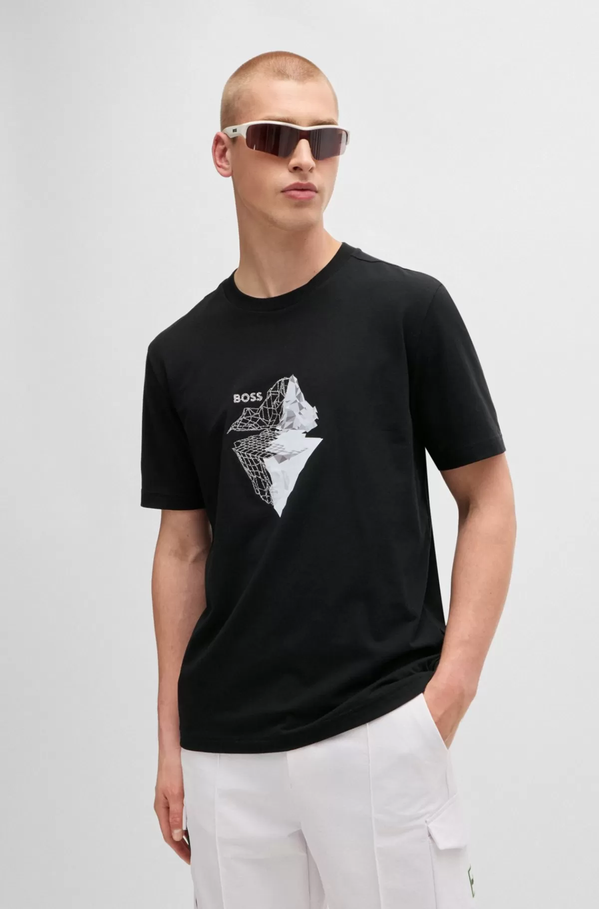 HUGO BOSS T-shirt I Bomuld Med Stræk Med Printet Og Broderet Grafik Sort Sale