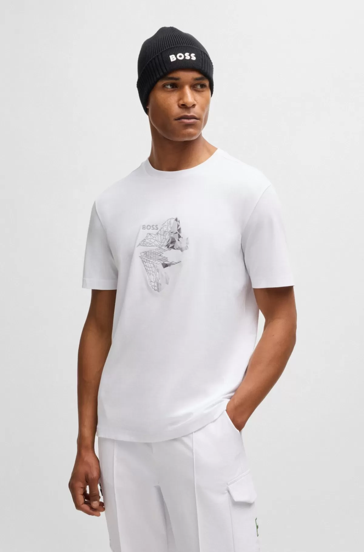 HUGO BOSS T-shirt I Bomuld Med Stræk Med Printet Og Broderet Grafik Hvid Discount