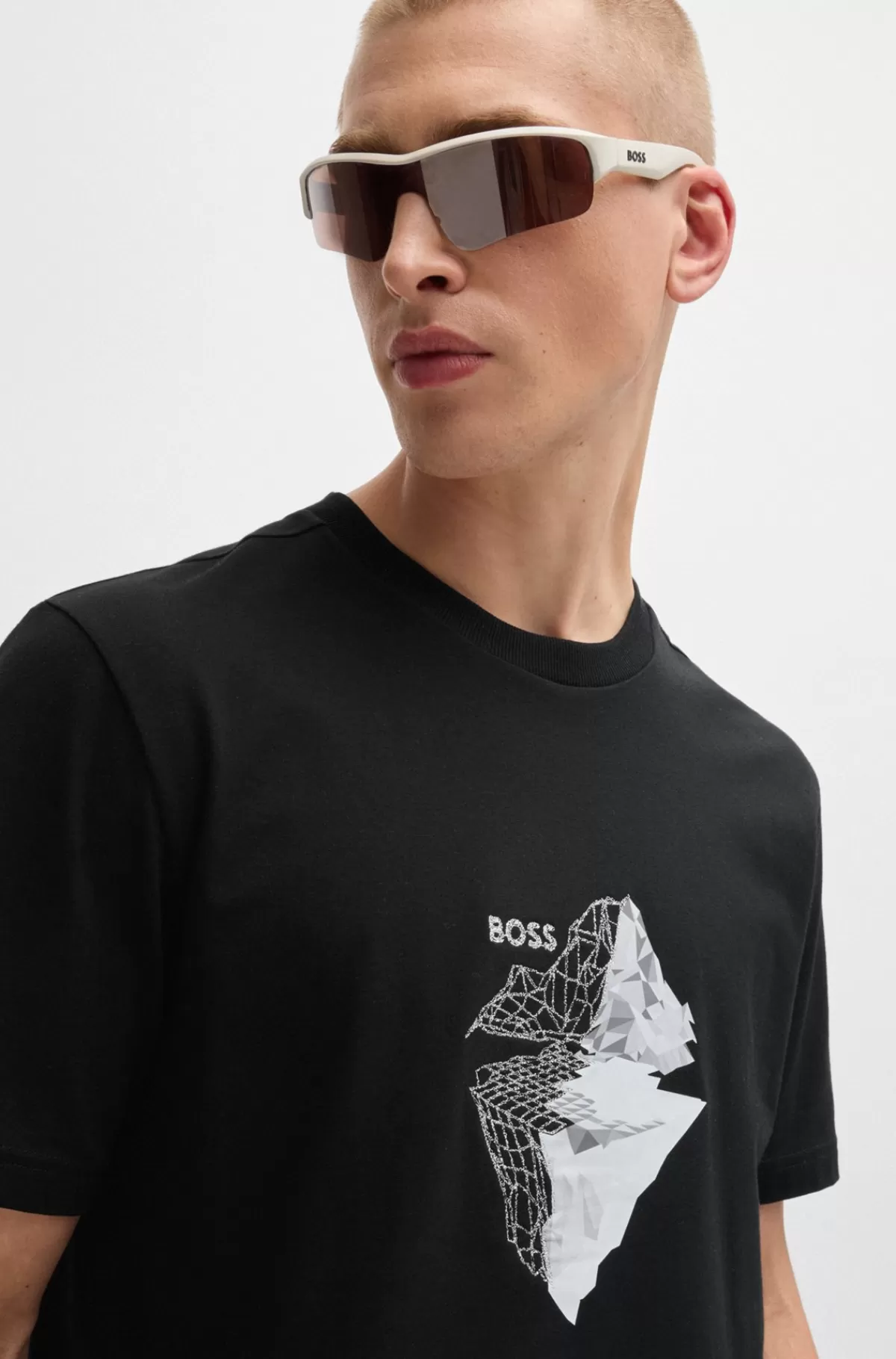 HUGO BOSS T-shirt I Bomuld Med Stræk Med Printet Og Broderet Grafik Sort Sale