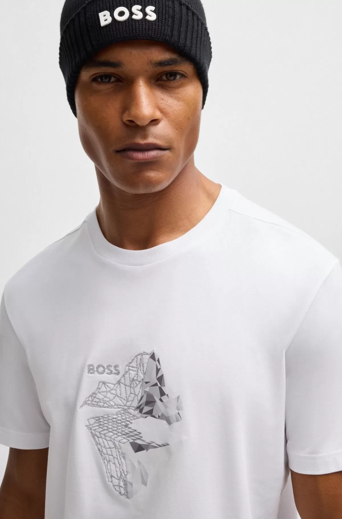 HUGO BOSS T-shirt I Bomuld Med Stræk Med Printet Og Broderet Grafik Hvid Discount
