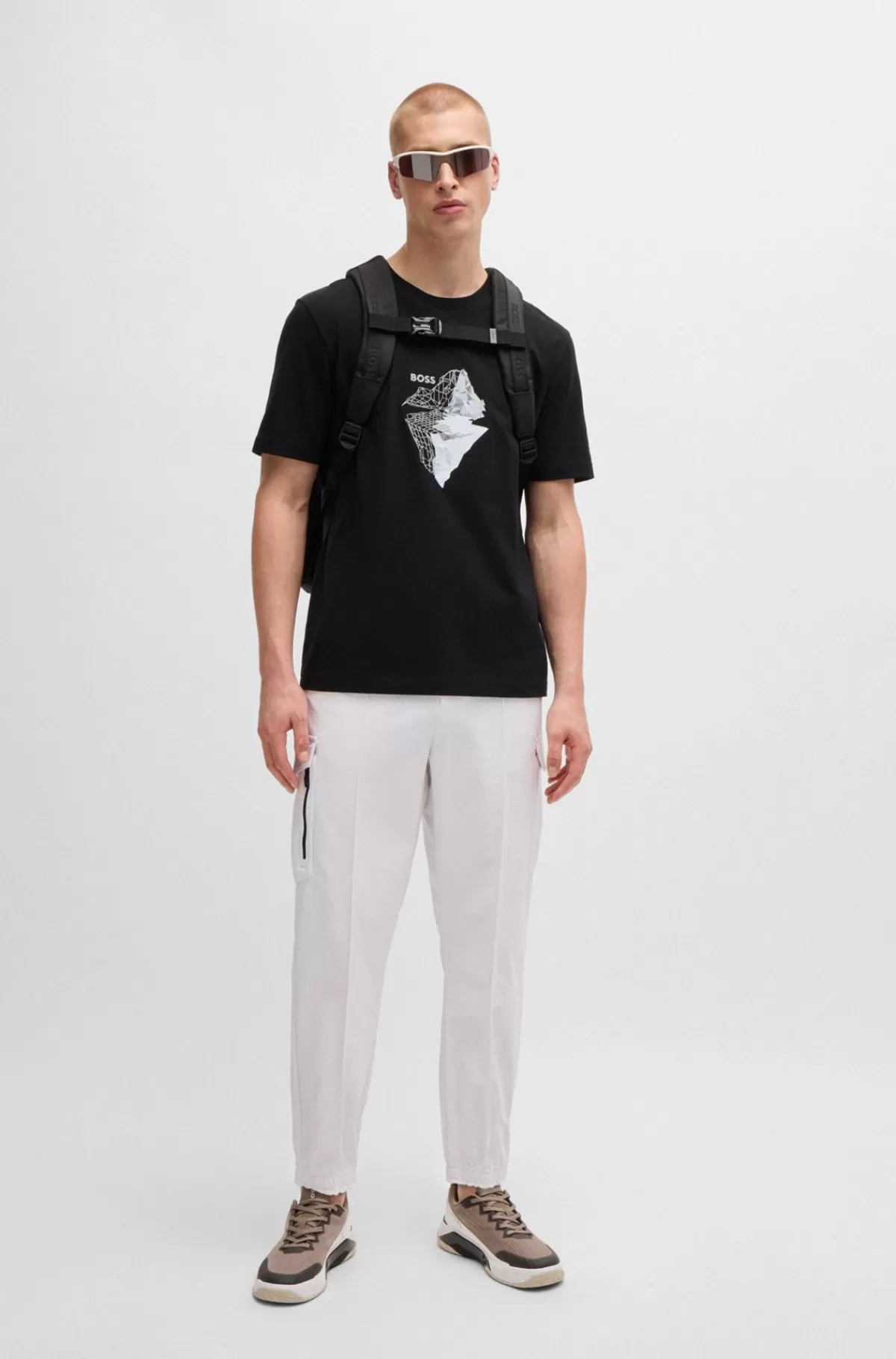 HUGO BOSS T-shirt I Bomuld Med Stræk Med Printet Og Broderet Grafik Sort Sale