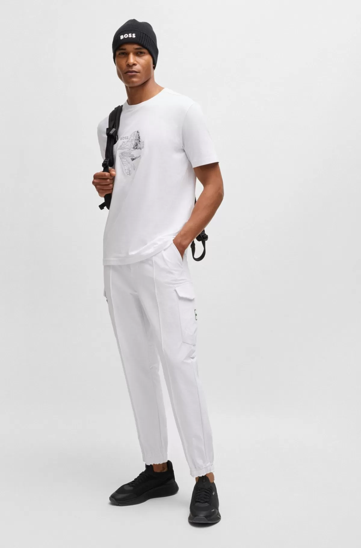 HUGO BOSS T-shirt I Bomuld Med Stræk Med Printet Og Broderet Grafik Hvid Discount